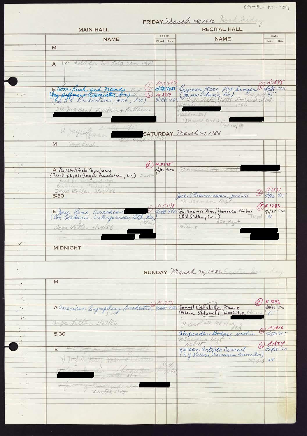 Carnegie Hall Booking Ledger, volume 31, page 61