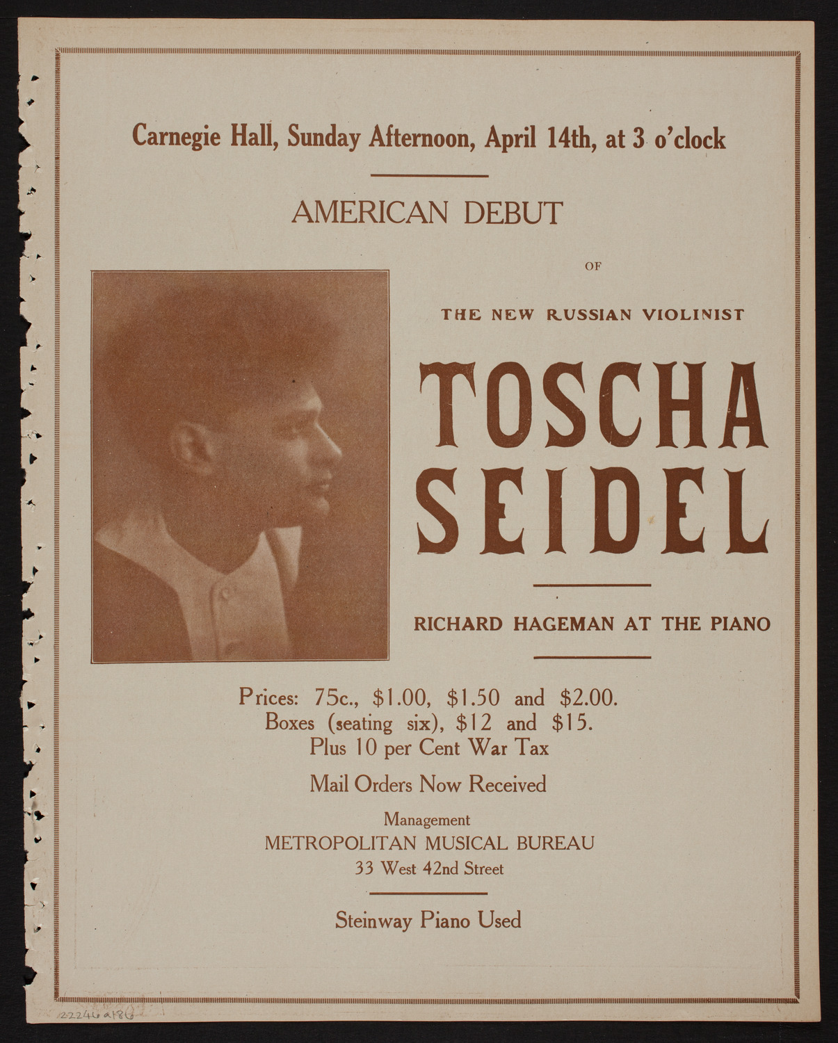 Jascha Heifetz, Violin, April 6, 1918, program page 11
