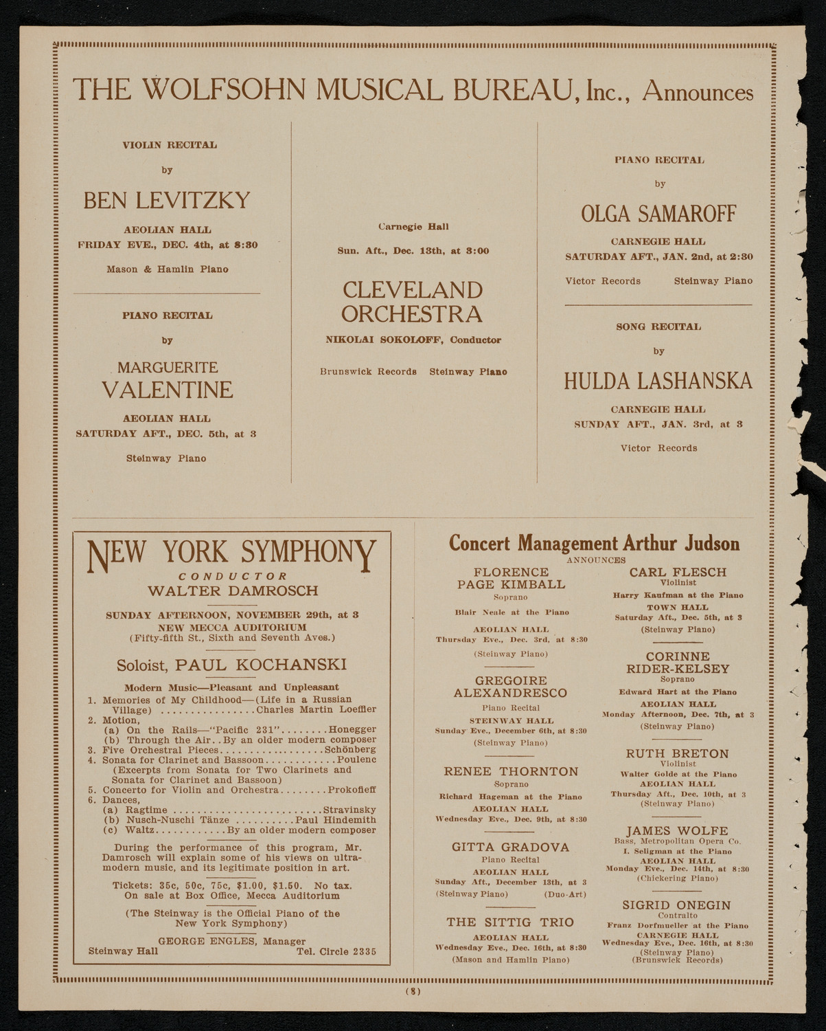 New York Philharmonic, November 28, 1925, program page 8