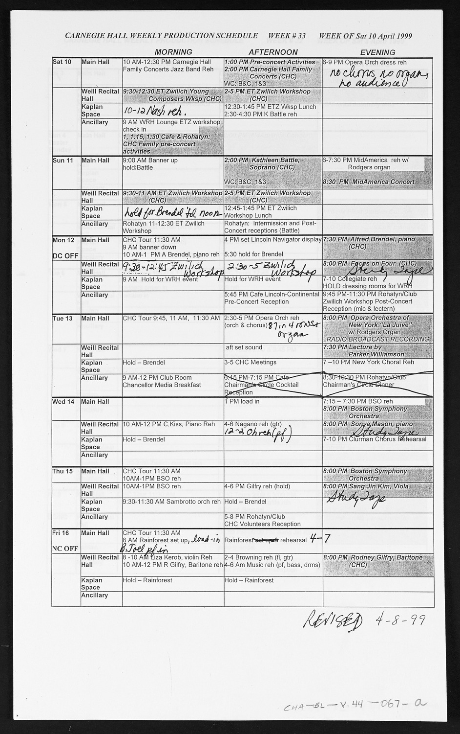 Carnegie Hall Booking Ledger, volume 44, page 67a