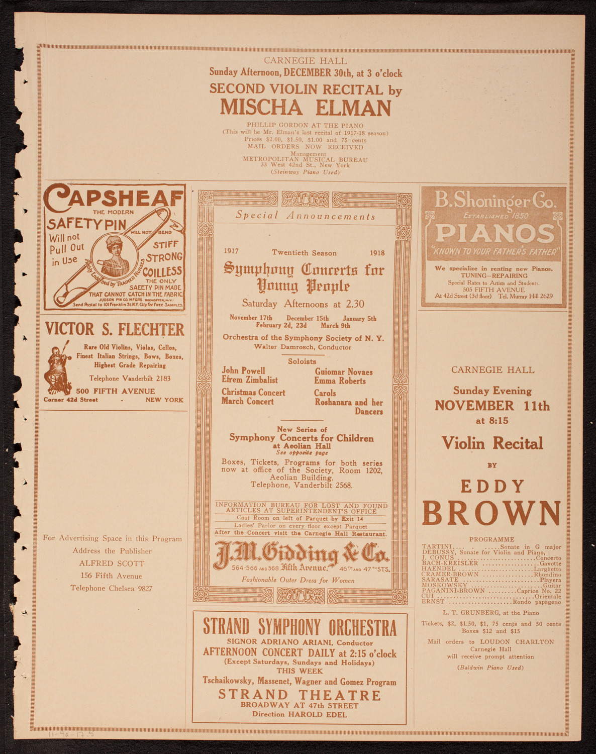Efrem Zimbalist, Violin, November 4, 1917, program page 9