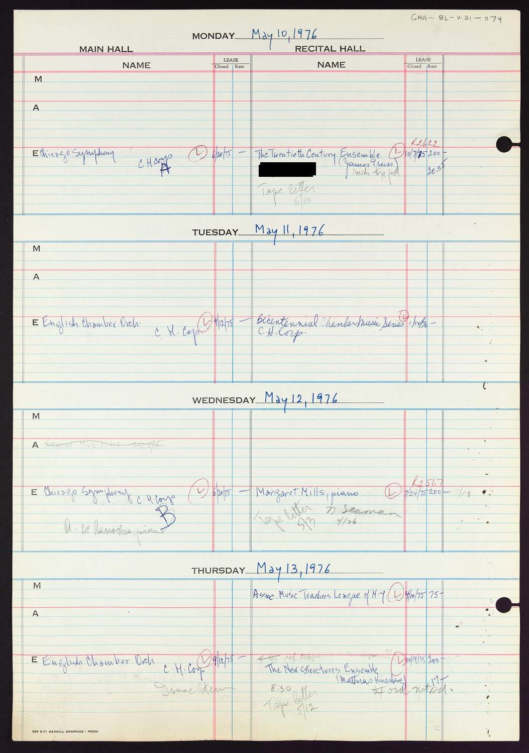 Carnegie Hall Booking Ledger, volume 21, page 74