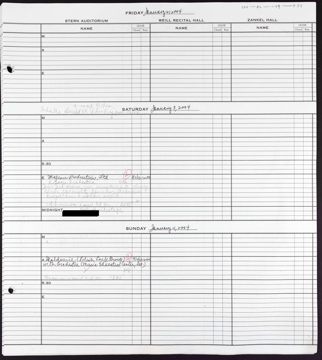 Carnegie Hall Booking Ledger, volume 49, page 39