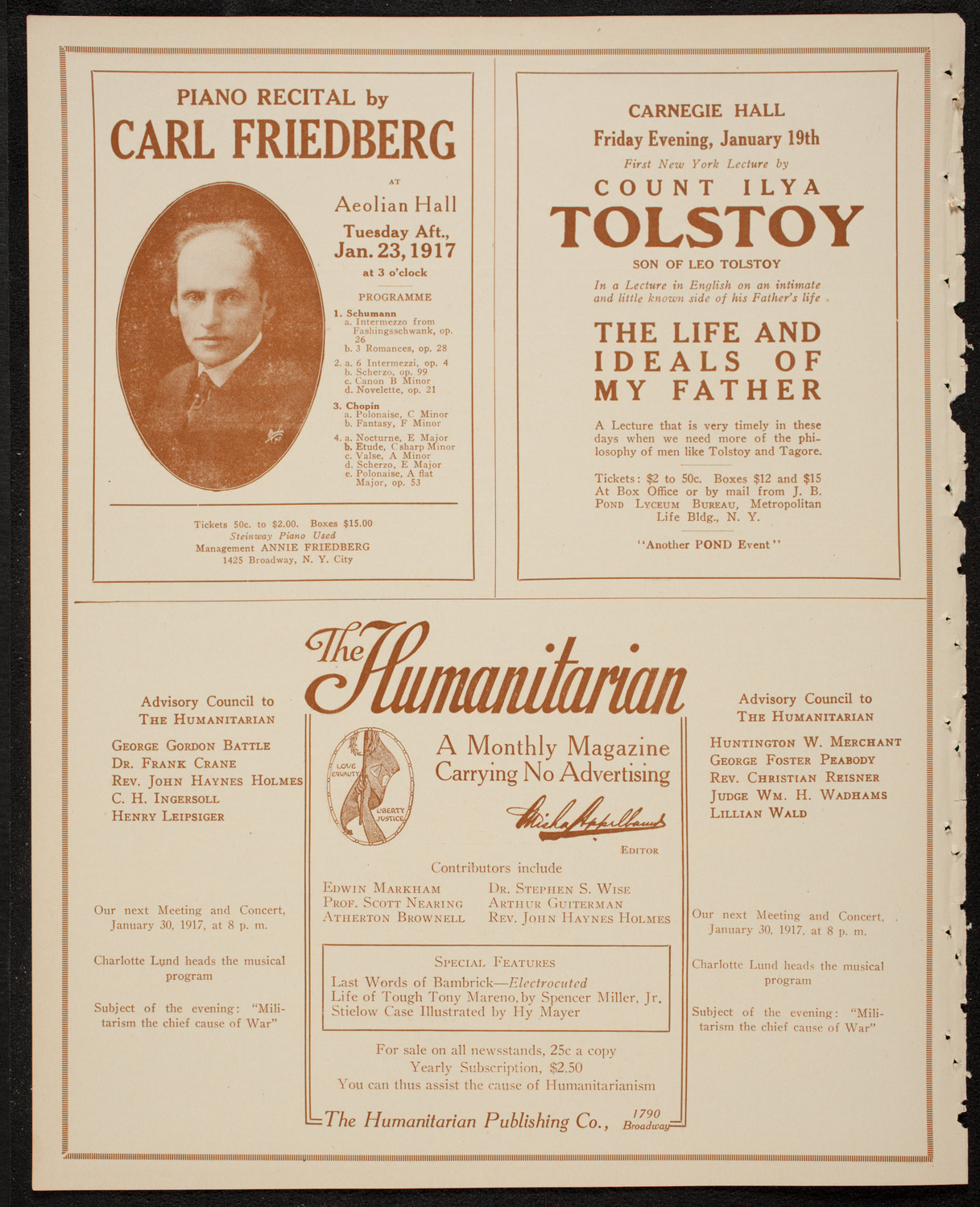 Meeting: The Humanitarian Cult, January 16, 1917, program page 10