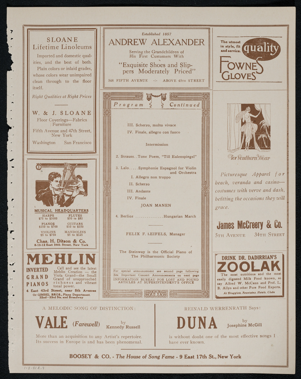 New York Philharmonic, January 2, 1921, program page 7