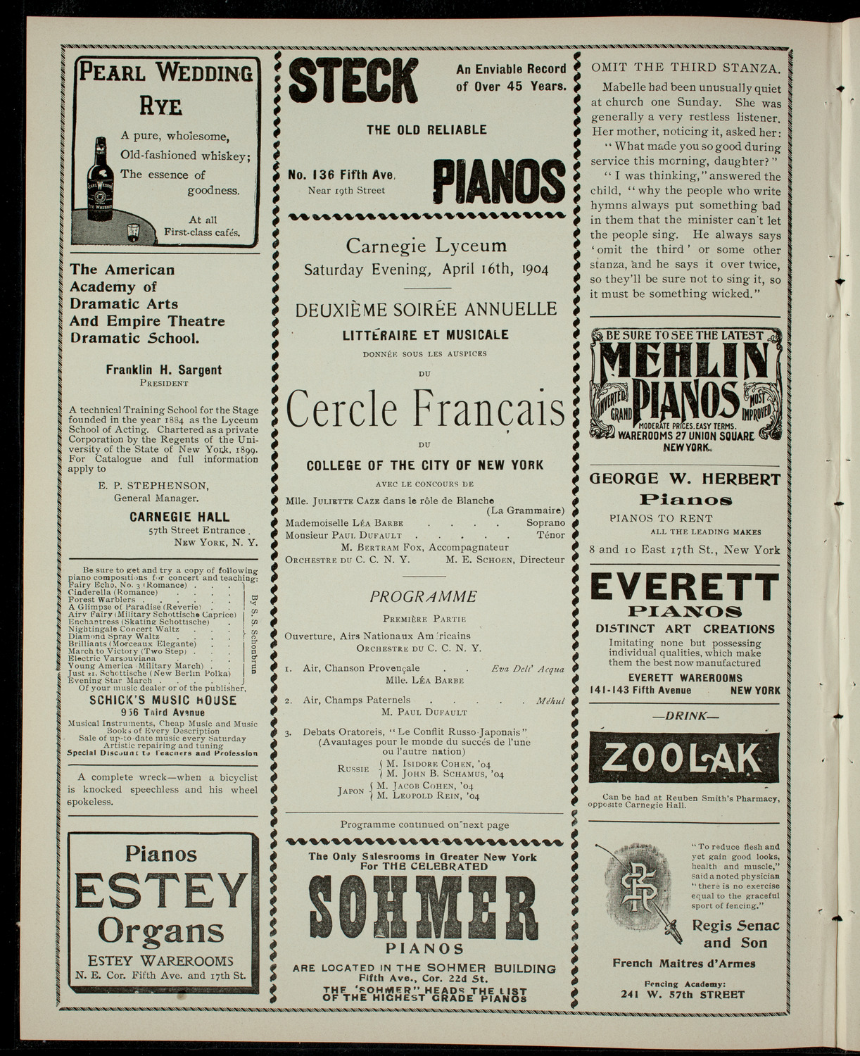 Cercle Francais of the College of the City of New York, April 16, 1904, program page 2