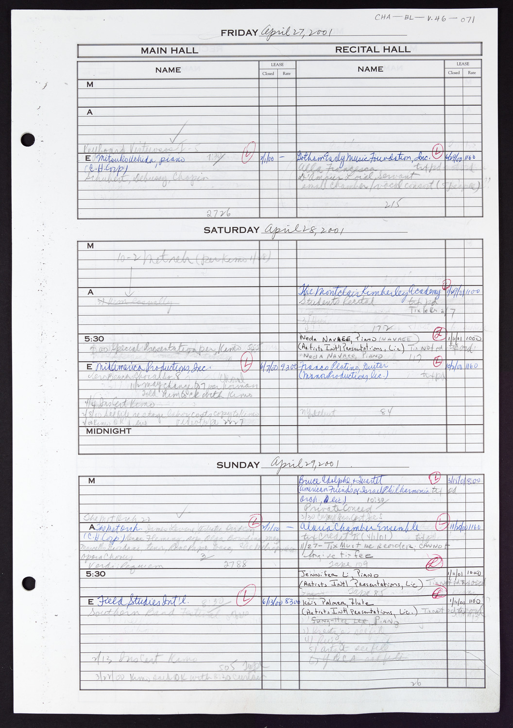 Carnegie Hall Booking Ledger, volume 46, page 71