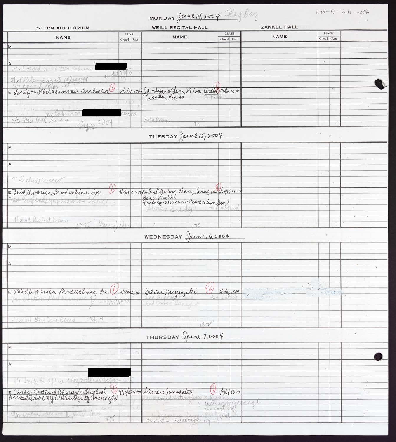 Carnegie Hall Booking Ledger, volume 49, page 86