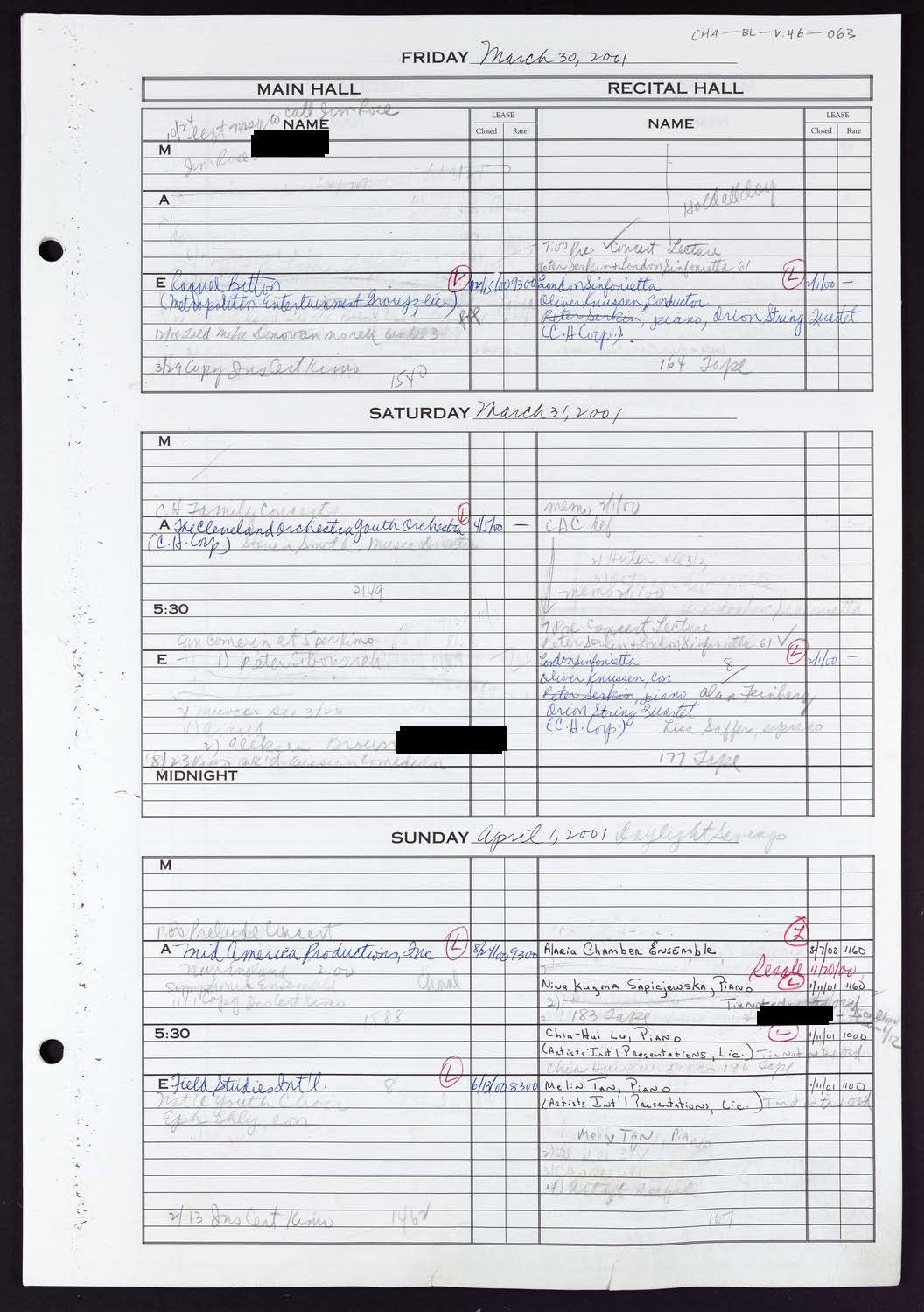 Carnegie Hall Booking Ledger, volume 46, page 63