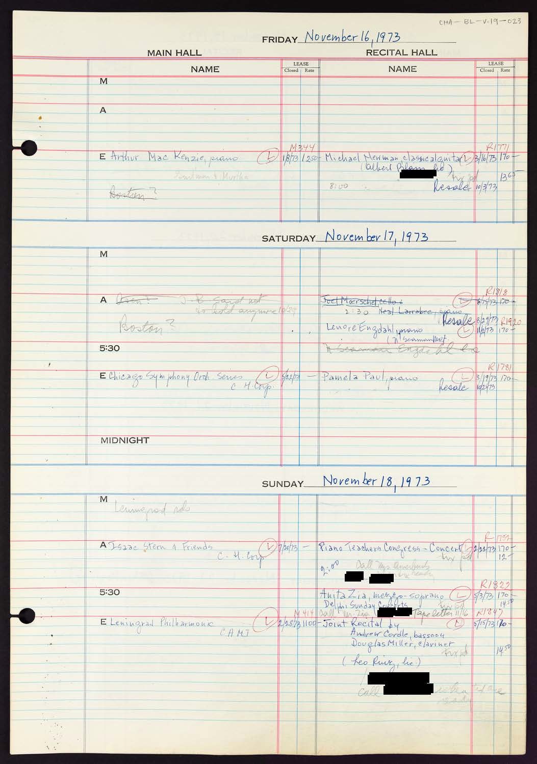 Carnegie Hall Booking Ledger, volume 19, page 23