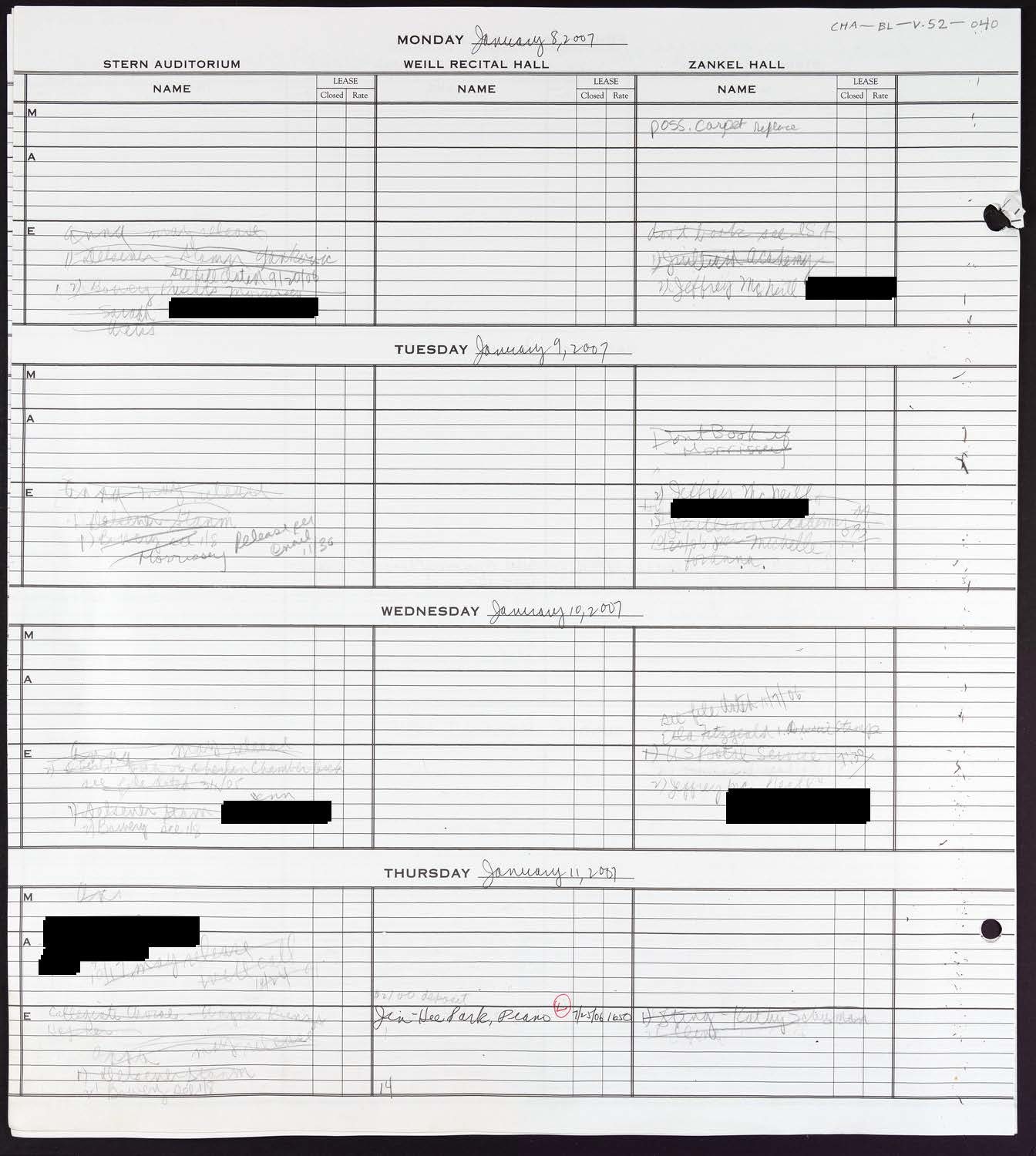 Carnegie Hall Booking Ledger, volume 52, page 40