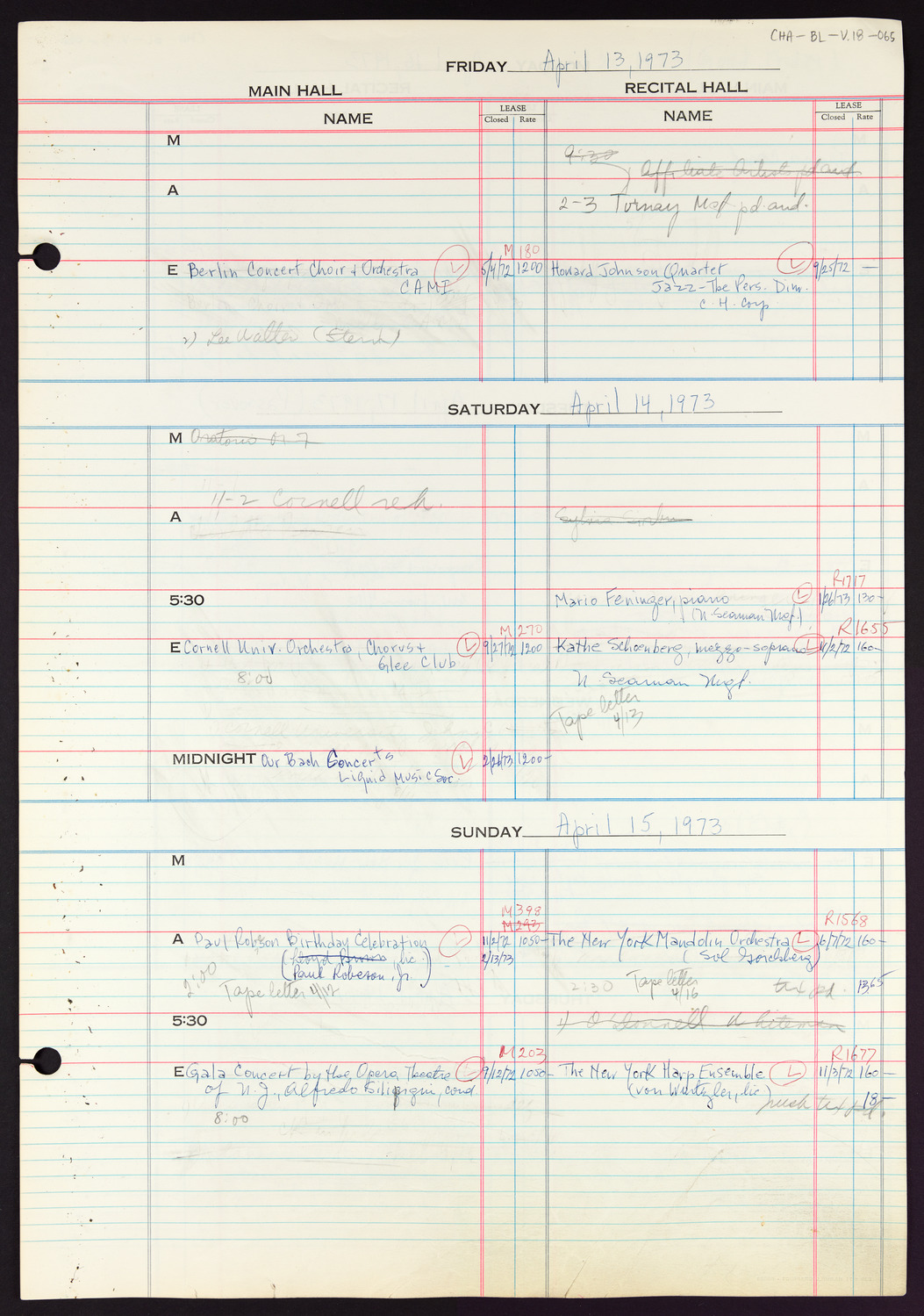 Carnegie Hall Booking Ledger, volume 18, page 65