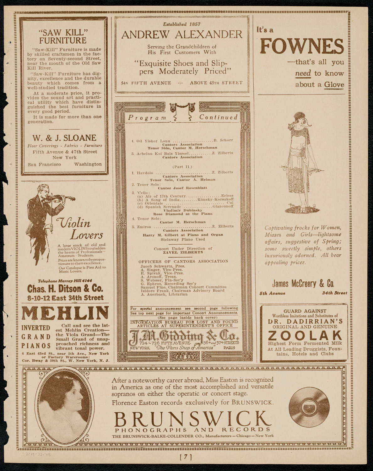 Jewish Ministers Cantors Association of America, February 19, 1922, program page 7