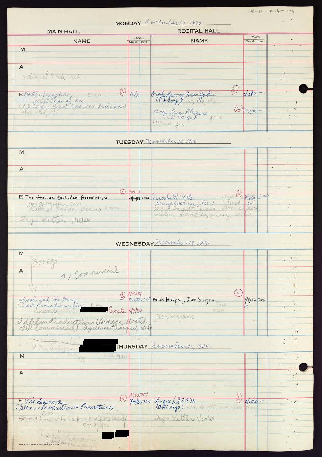 Carnegie Hall Booking Ledger, volume 26, page 24