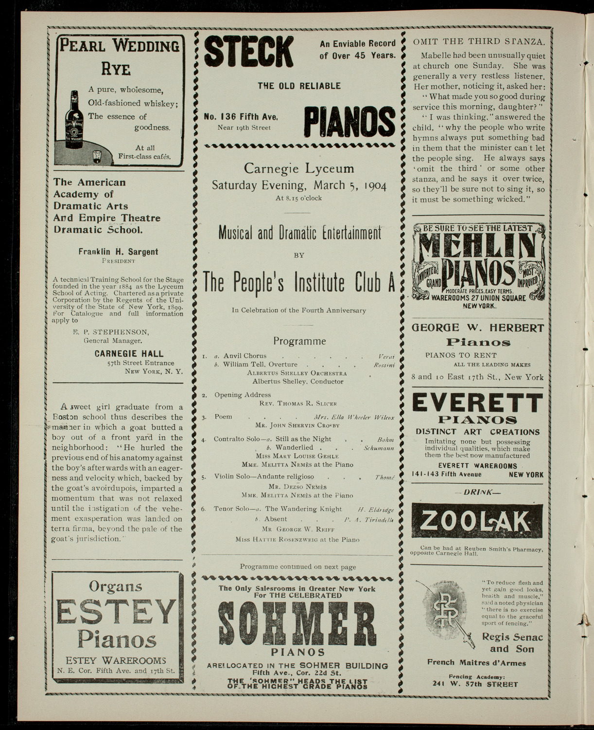 Program by The People's Institute Club A, March 5, 1904, program page 2