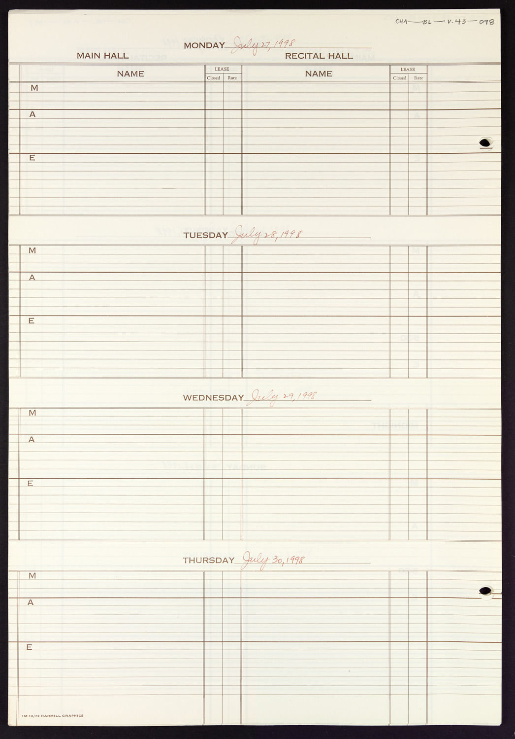 Carnegie Hall Booking Ledger, volume 43, page 98