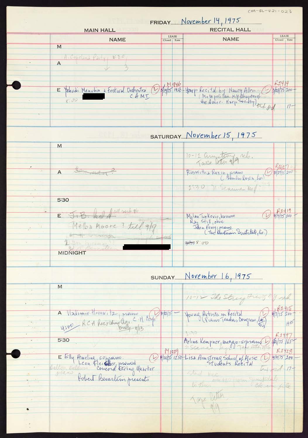 Carnegie Hall Booking Ledger, volume 21, page 23