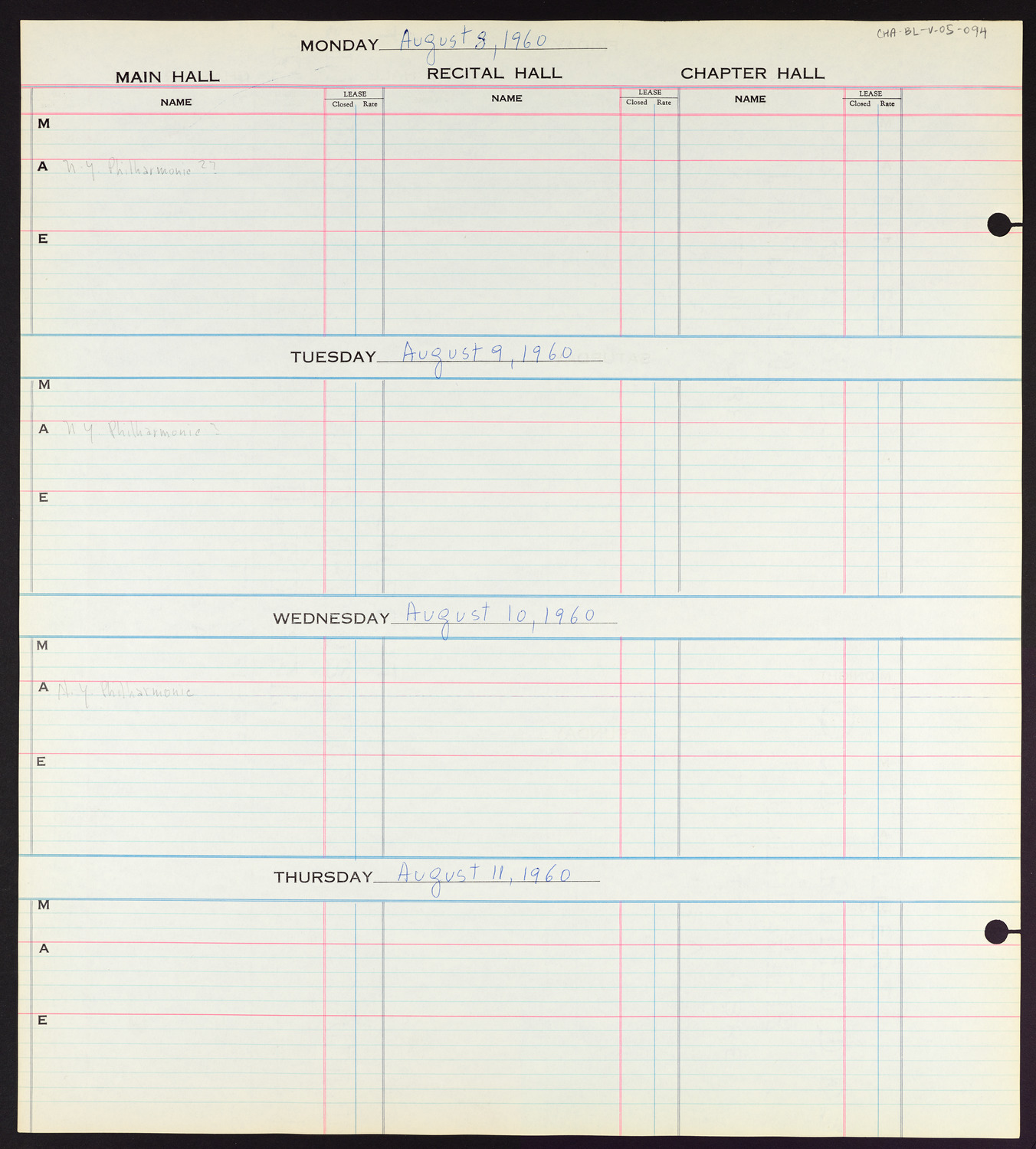 Carnegie Hall Booking Ledger, volume 5, page 94