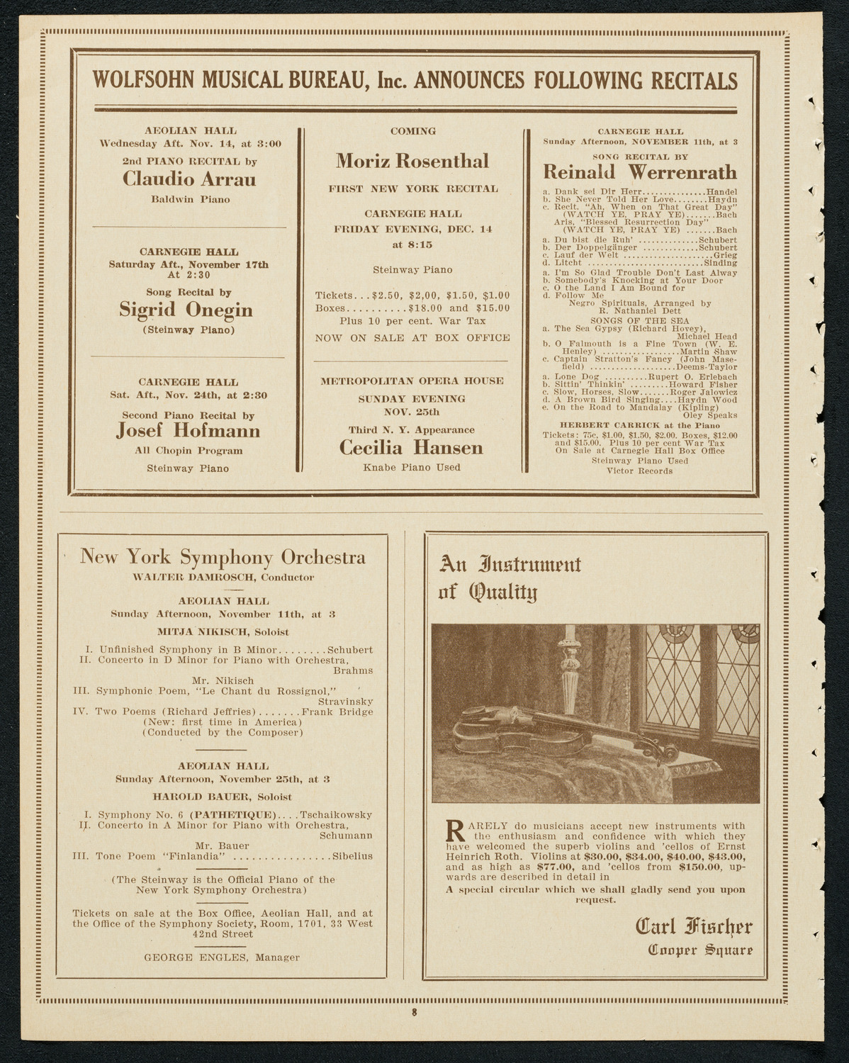 New York Symphony Orchestra: Beethoven Cycle, November 8, 1923, program page 8