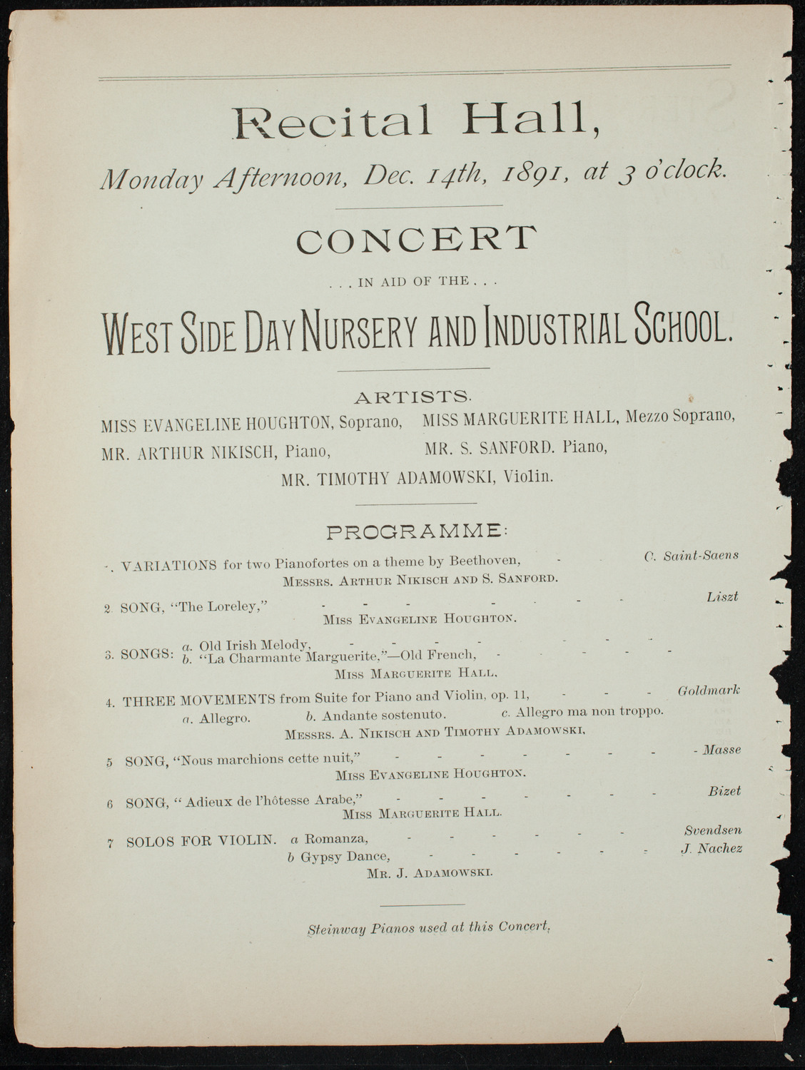 Benefit: West Side Day Nursery and Industrial School, December 14, 1891, program page 6