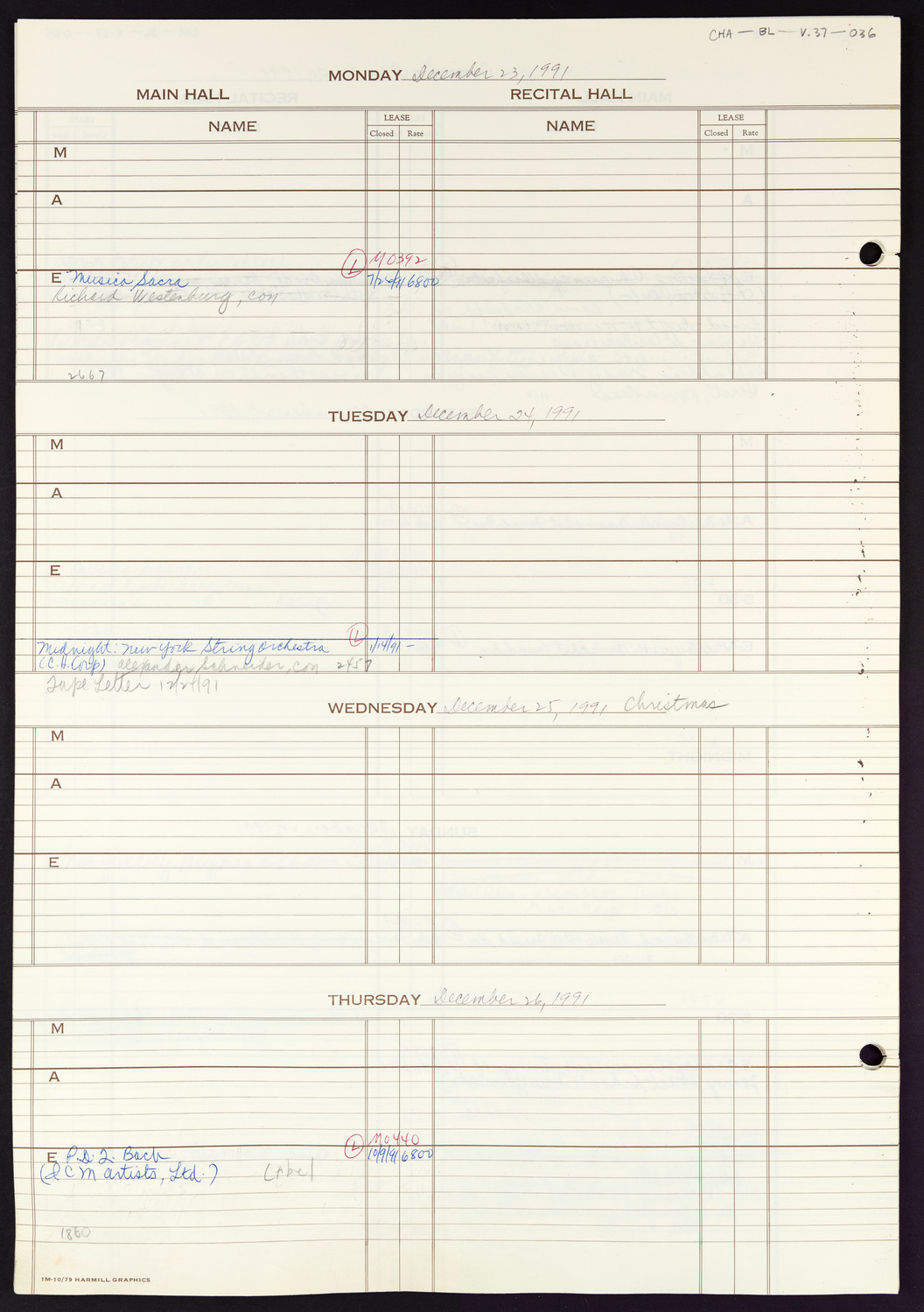 Carnegie Hall Booking Ledger, volume 37, page 36