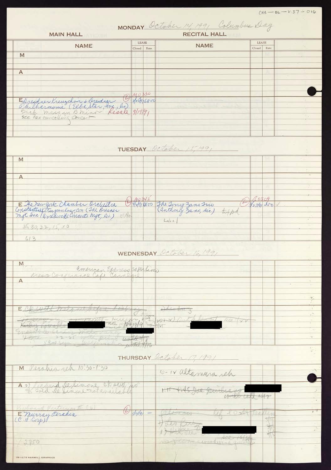 Carnegie Hall Booking Ledger, volume 37, page 16