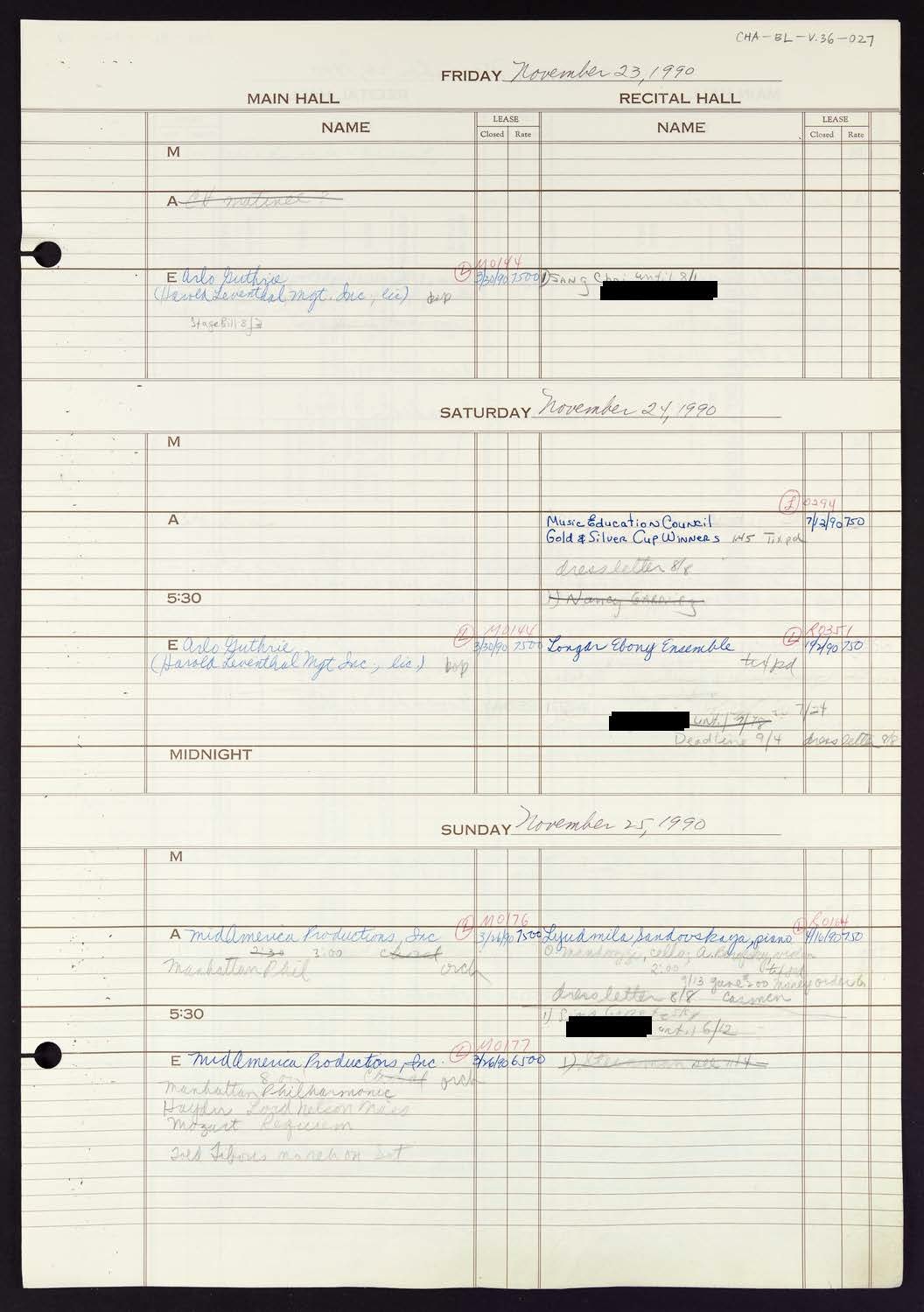 Carnegie Hall Booking Ledger, volume 36, page 27