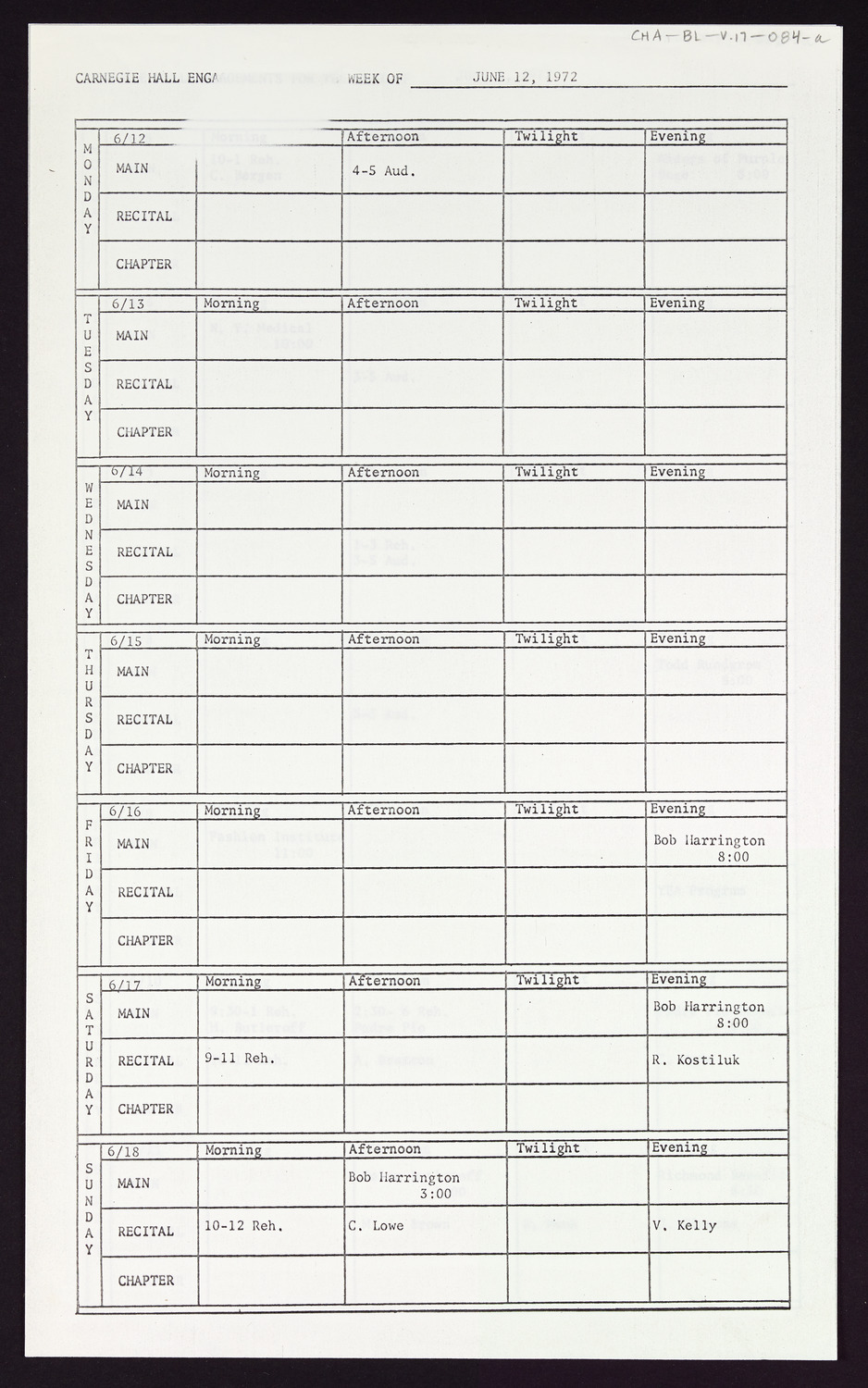 Carnegie Hall Booking Ledger, volume 17, page 84a