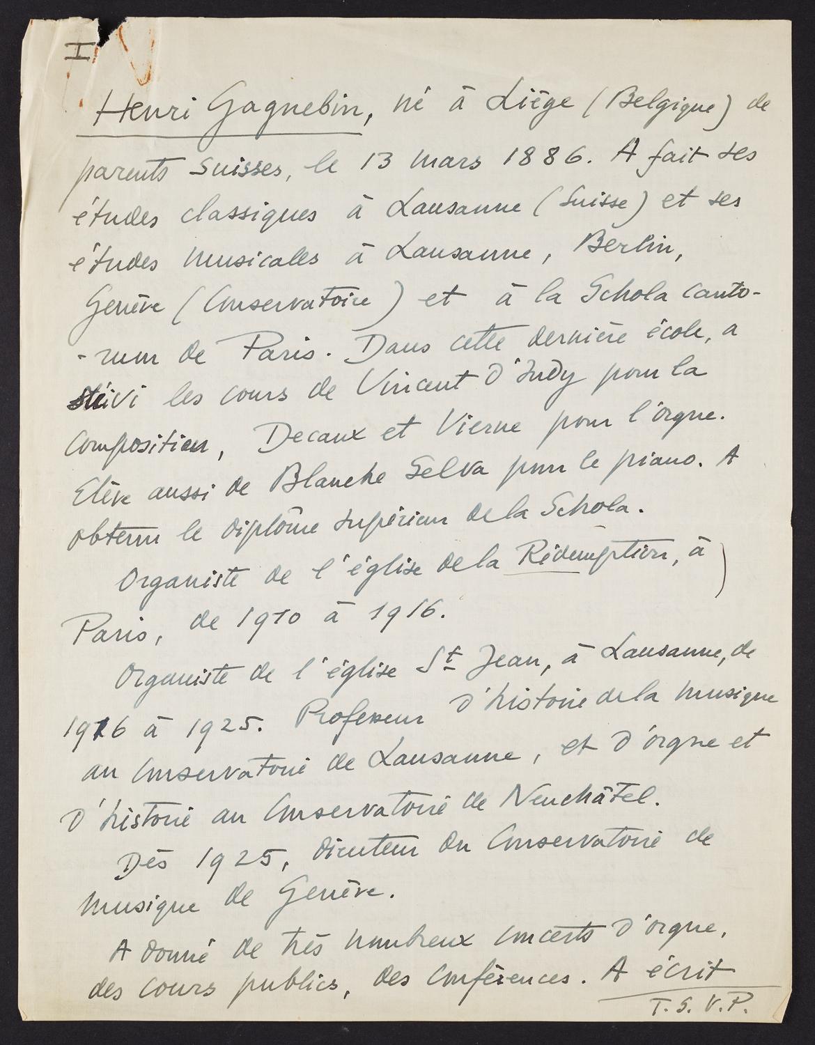 Correspondence from Henri Gagnebin to David Ewen, page 2 of 8