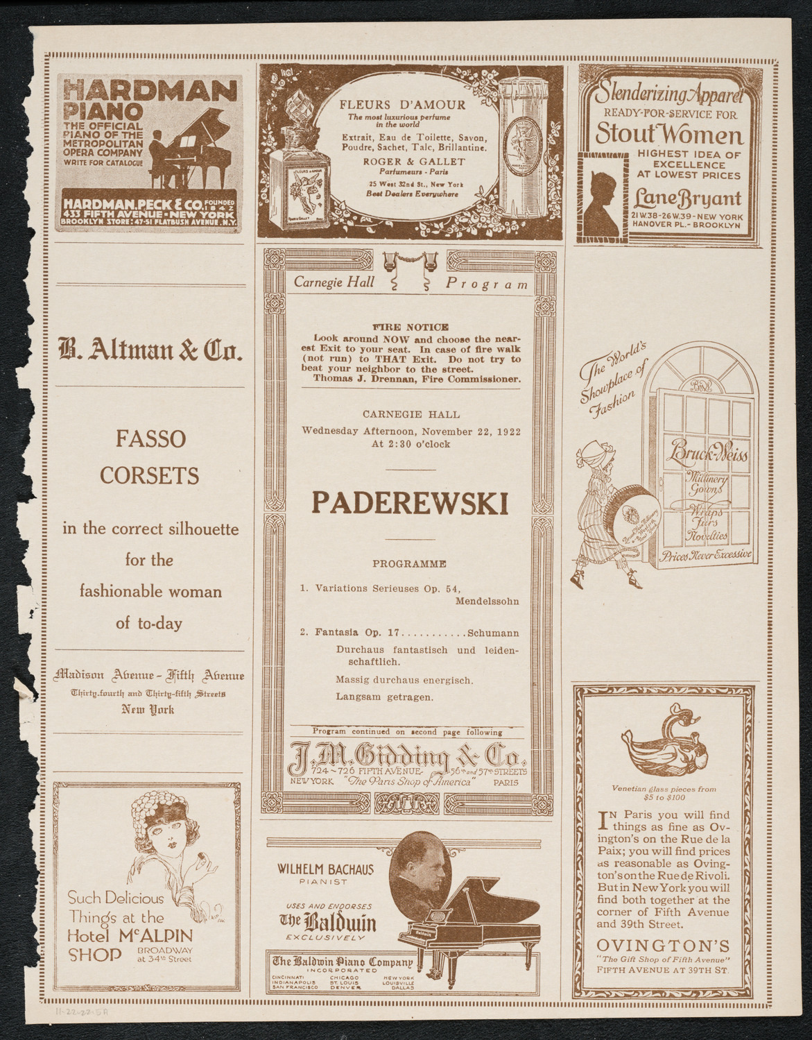Ignacy Jan Paderewski, Piano, November 22, 1922, program page 5