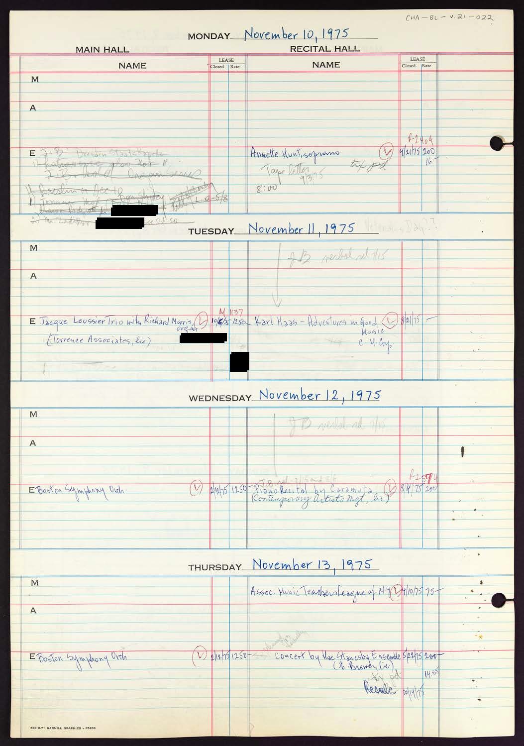 Carnegie Hall Booking Ledger, volume 21, page 22