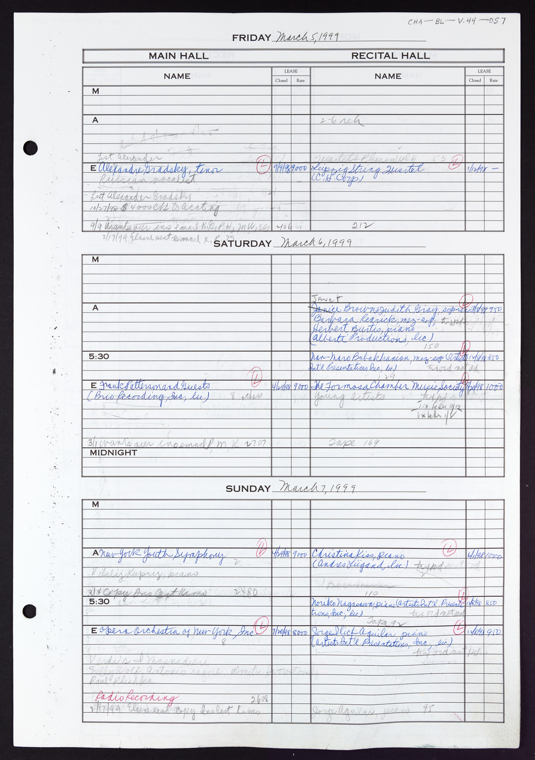 Carnegie Hall Booking Ledger, volume 44, page 57