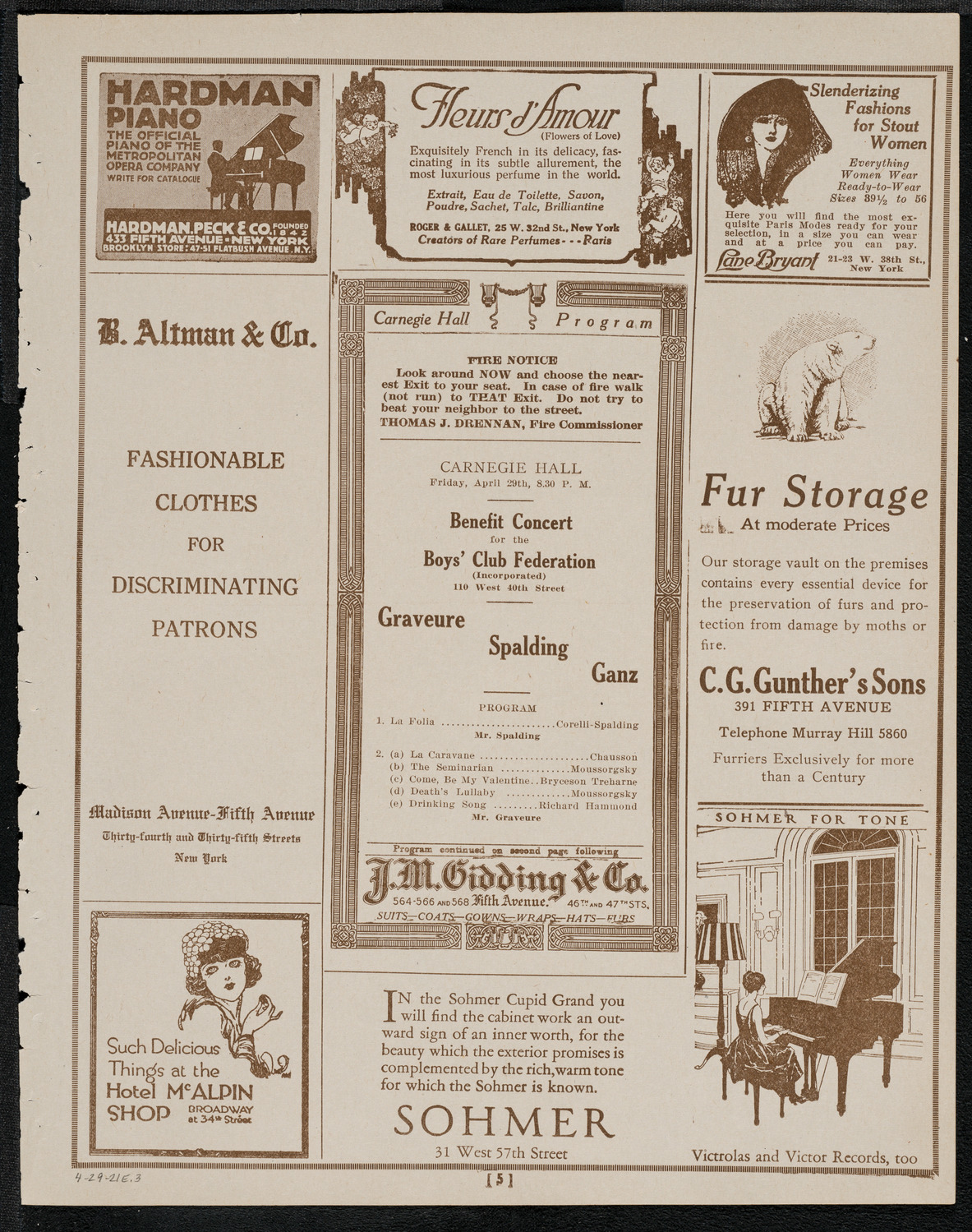 Benefit: Boys' Club Federation: Louis Graveure, Albert Spalding, and Rudolph Ganz, April 29, 1921, program page 5