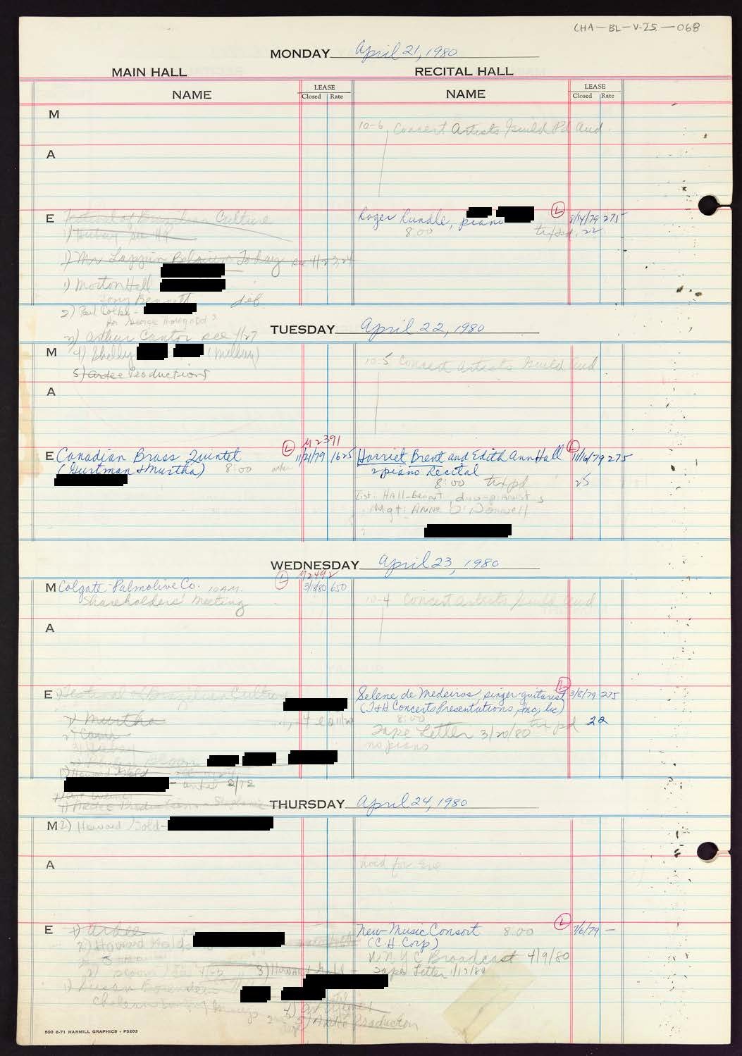 Carnegie Hall Booking Ledger, volume 25, page 68