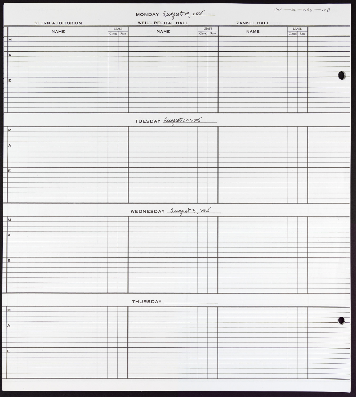 Carnegie Hall Booking Ledger, volume 50, page 108