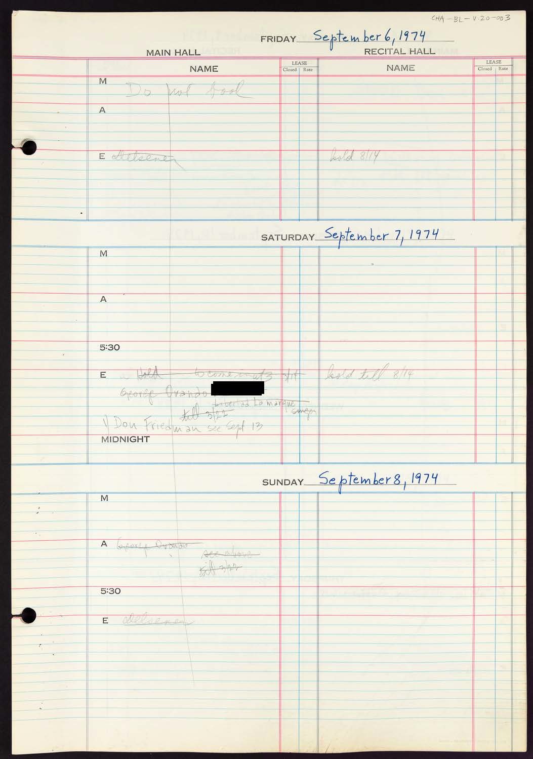 Carnegie Hall Booking Ledger, volume 20, page 3