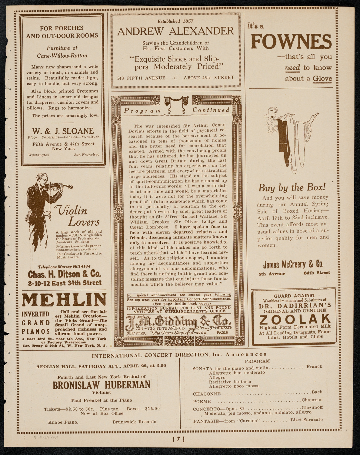 Sir Arthur Conan Doyle, April 18, 1922, program page 7