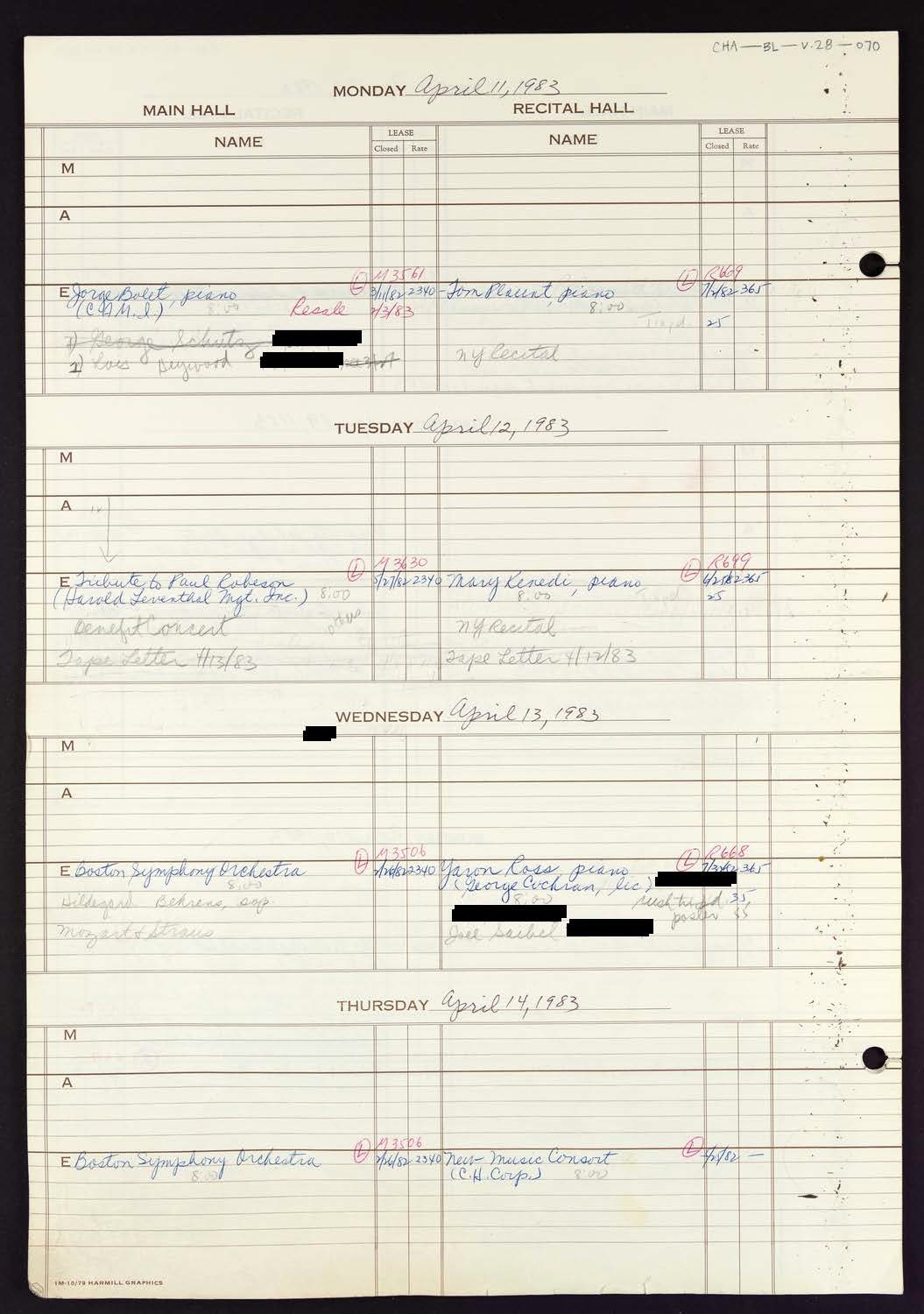 Carnegie Hall Booking Ledger, volume 28, page 70