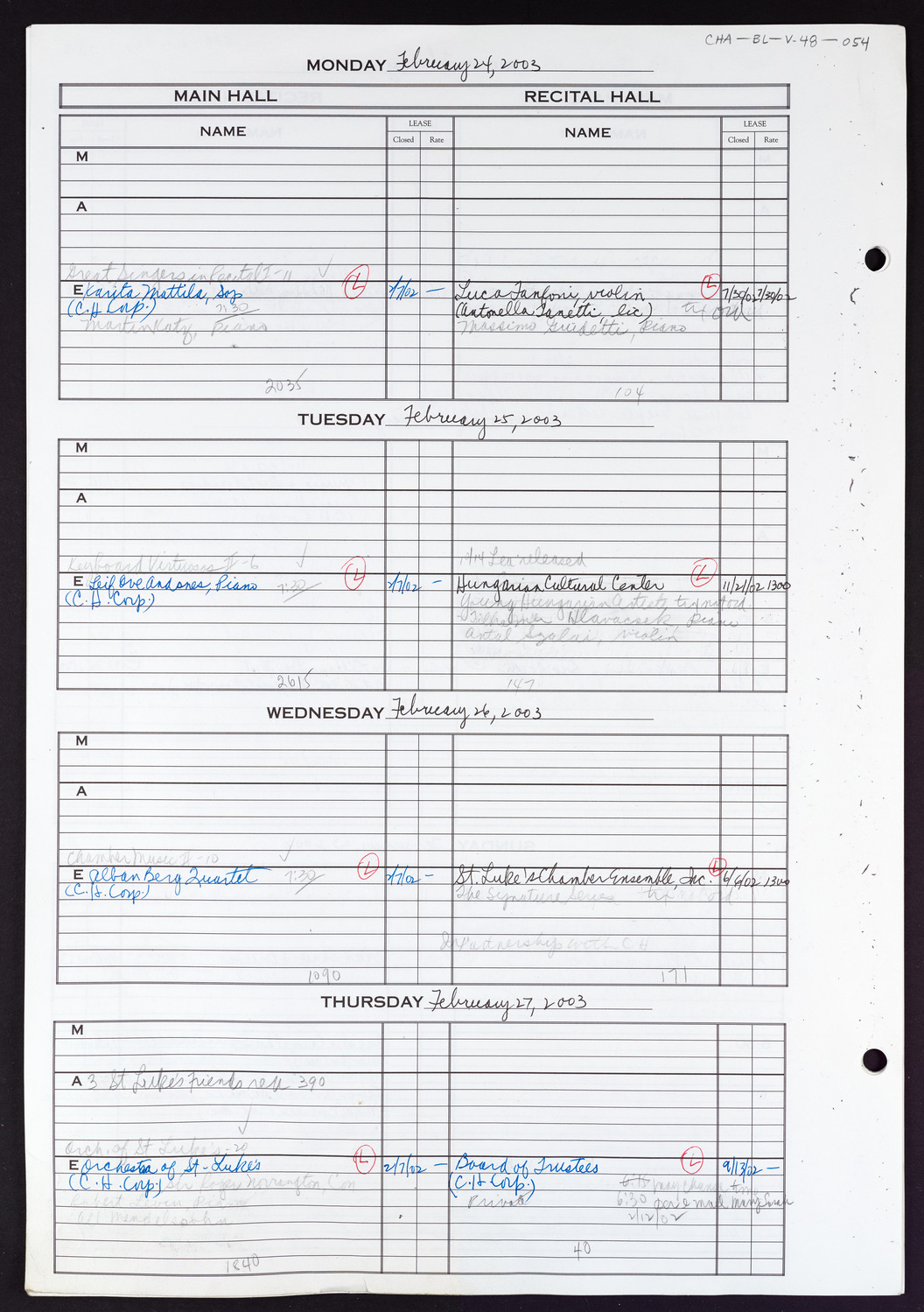 Carnegie Hall Booking Ledger, volume 48, page 54