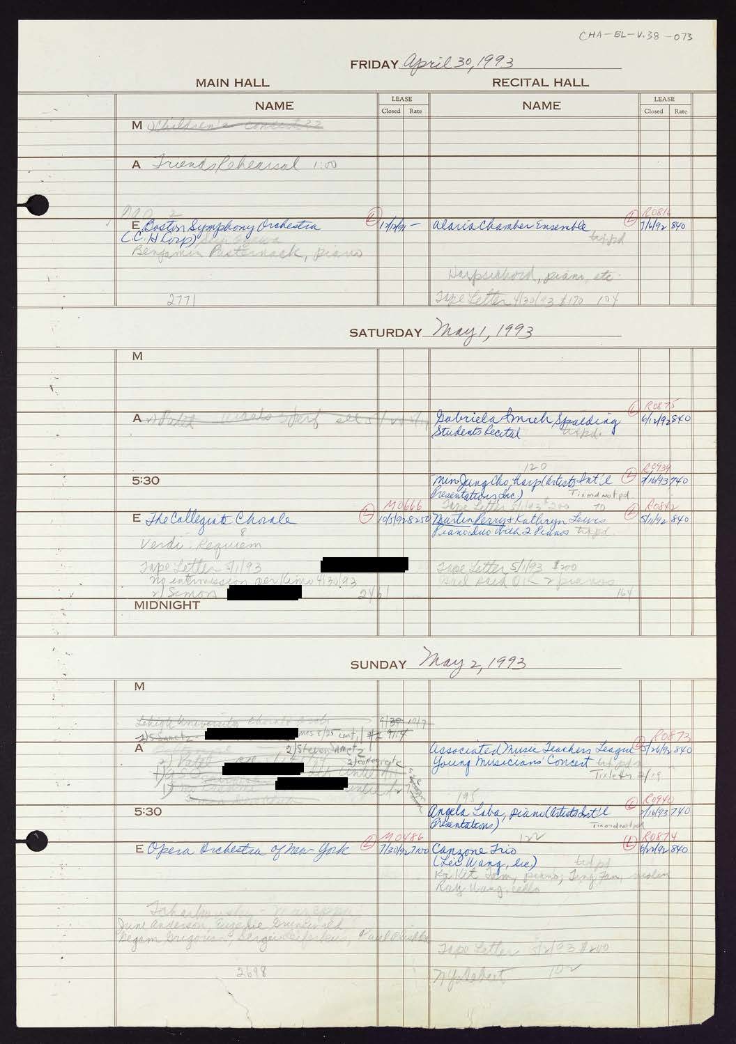 Carnegie Hall Booking Ledger, volume 38, page 73