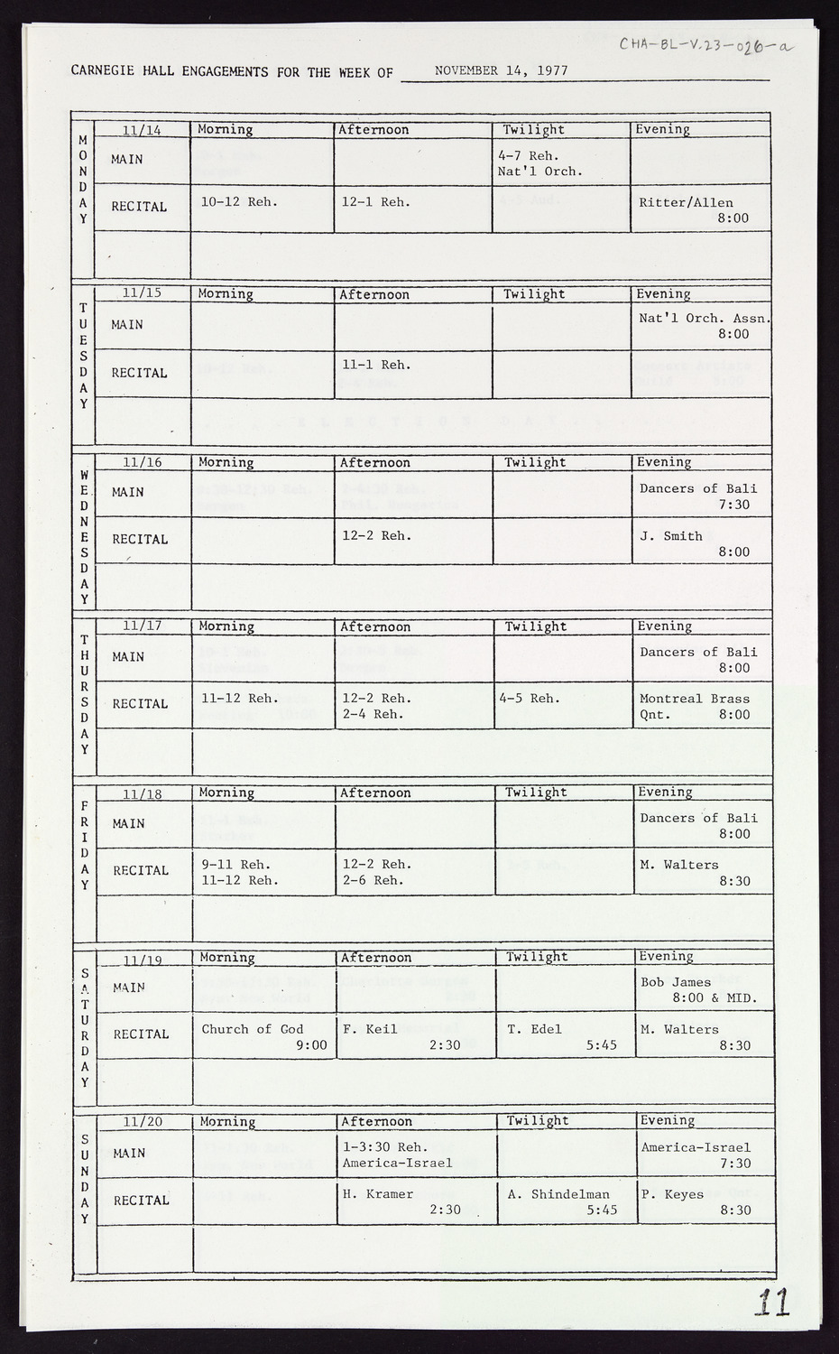 Carnegie Hall Booking Ledger, volume 23, page 26a