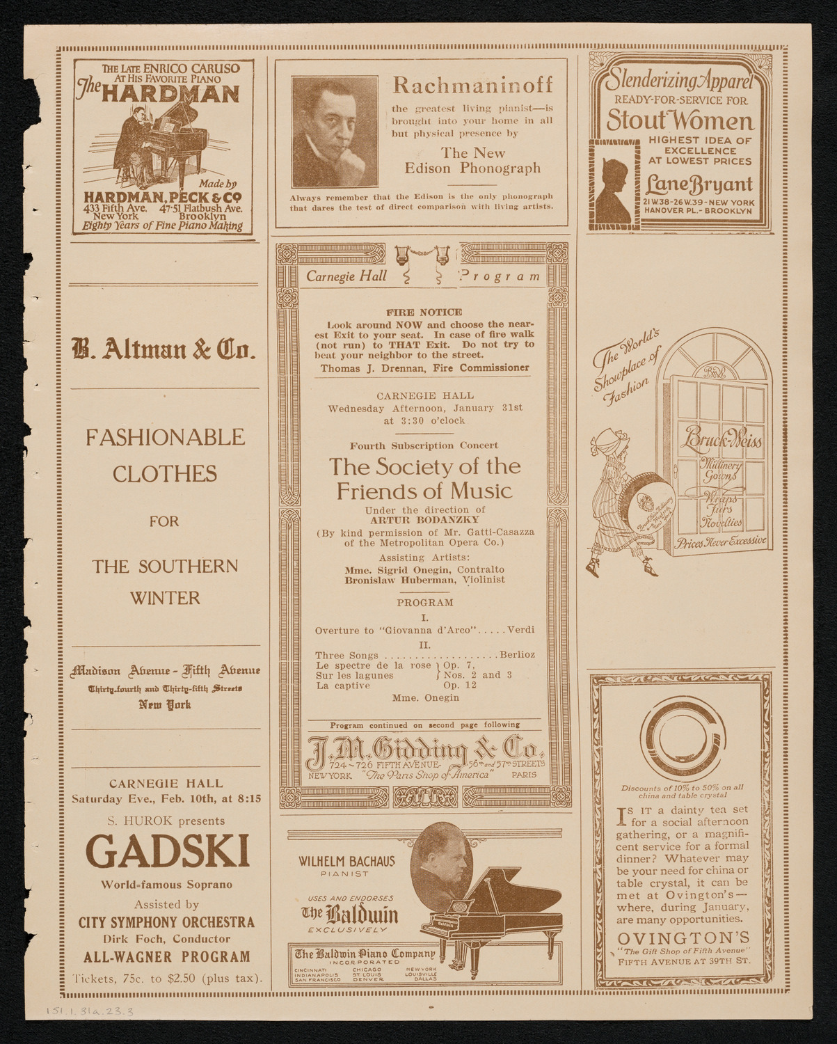 Society of the Friends of Music, January 31, 1923, program page 5