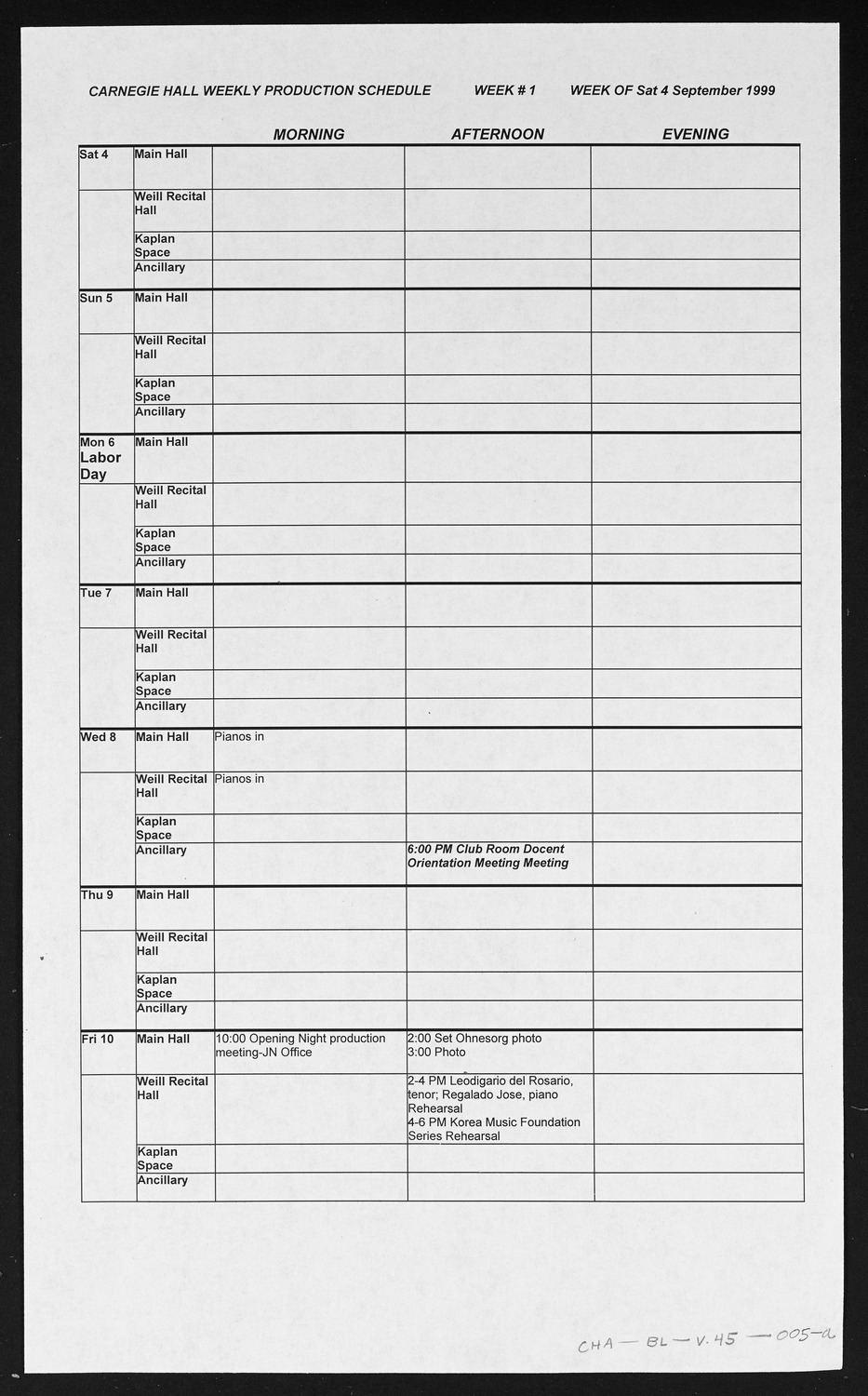 Carnegie Hall Booking Ledger, volume 45, page 5a