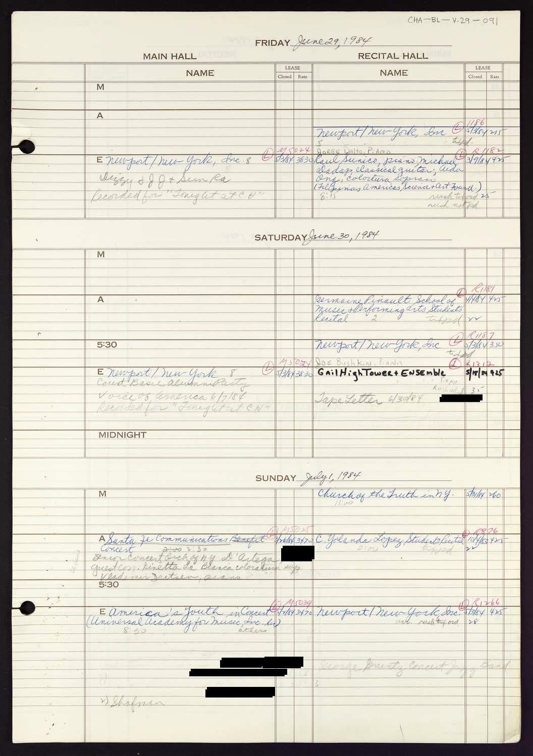 Carnegie Hall Booking Ledger, volume 29, page 91