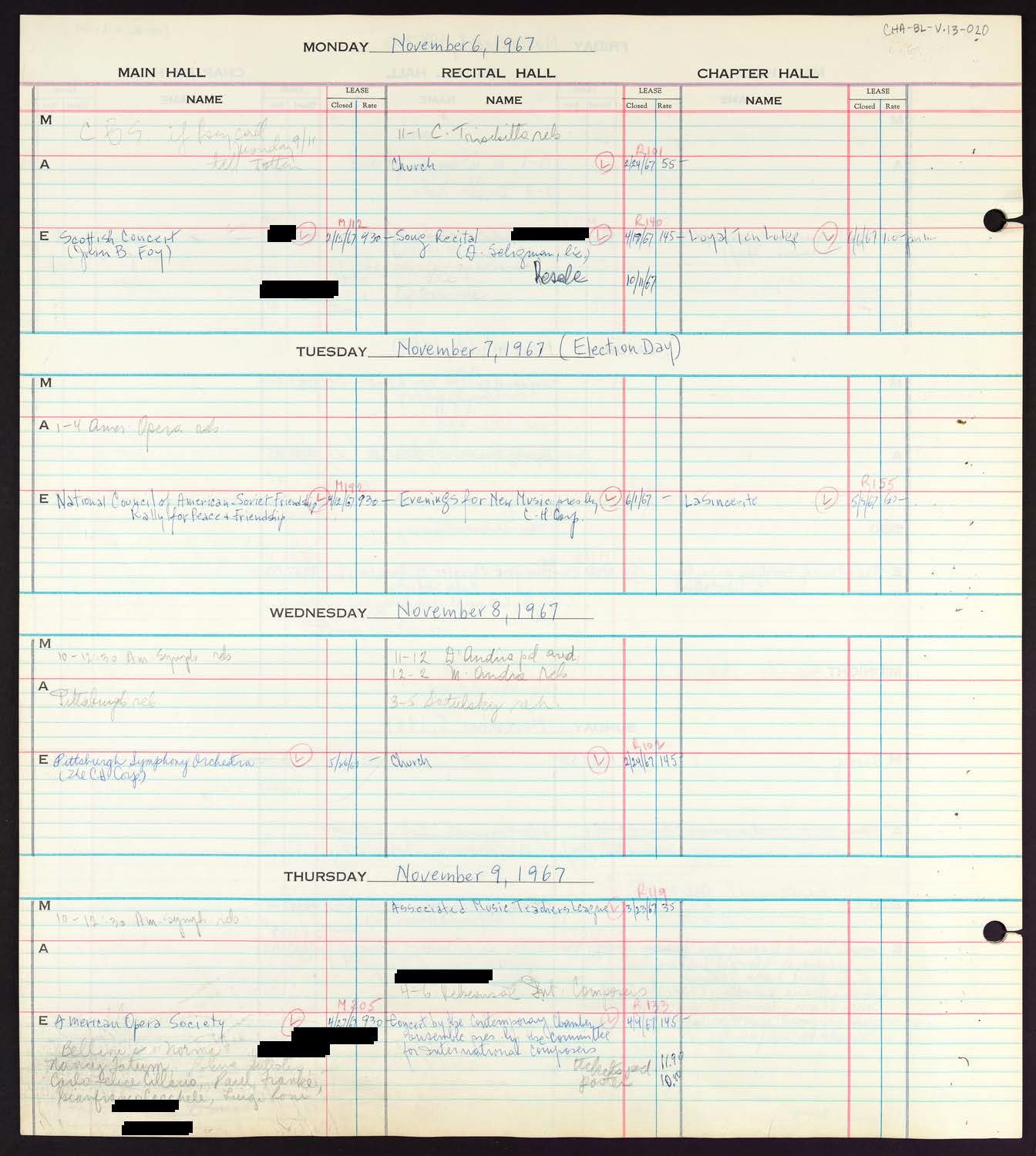 Carnegie Hall Booking Ledger, volume 13, page 20