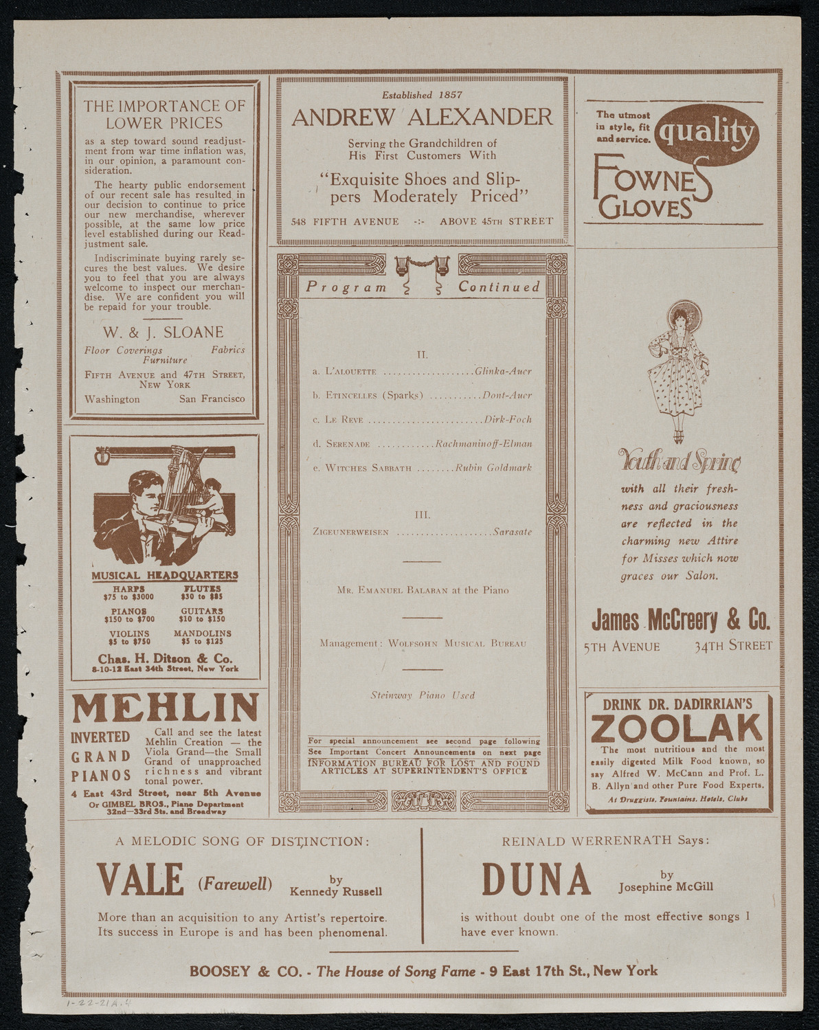 Efrem Zimbalist, Violin, January 22, 1921, program page 7