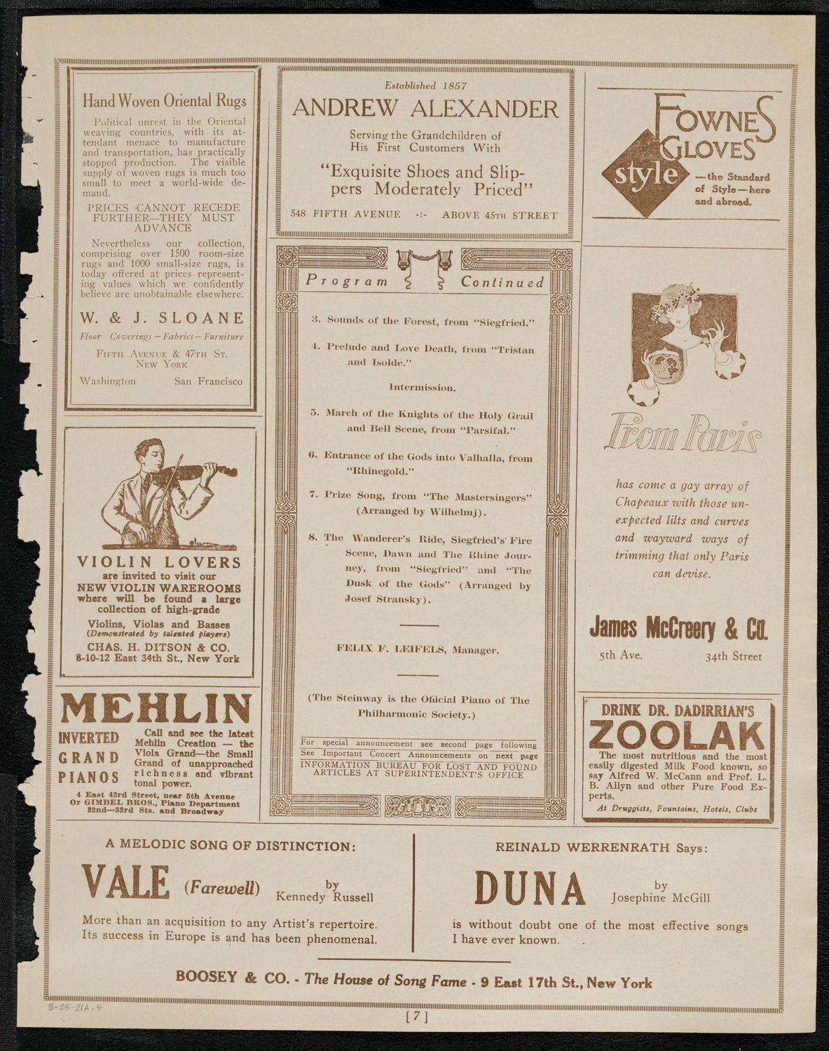 New York Philharmonic, March 25, 1921, program page 7
