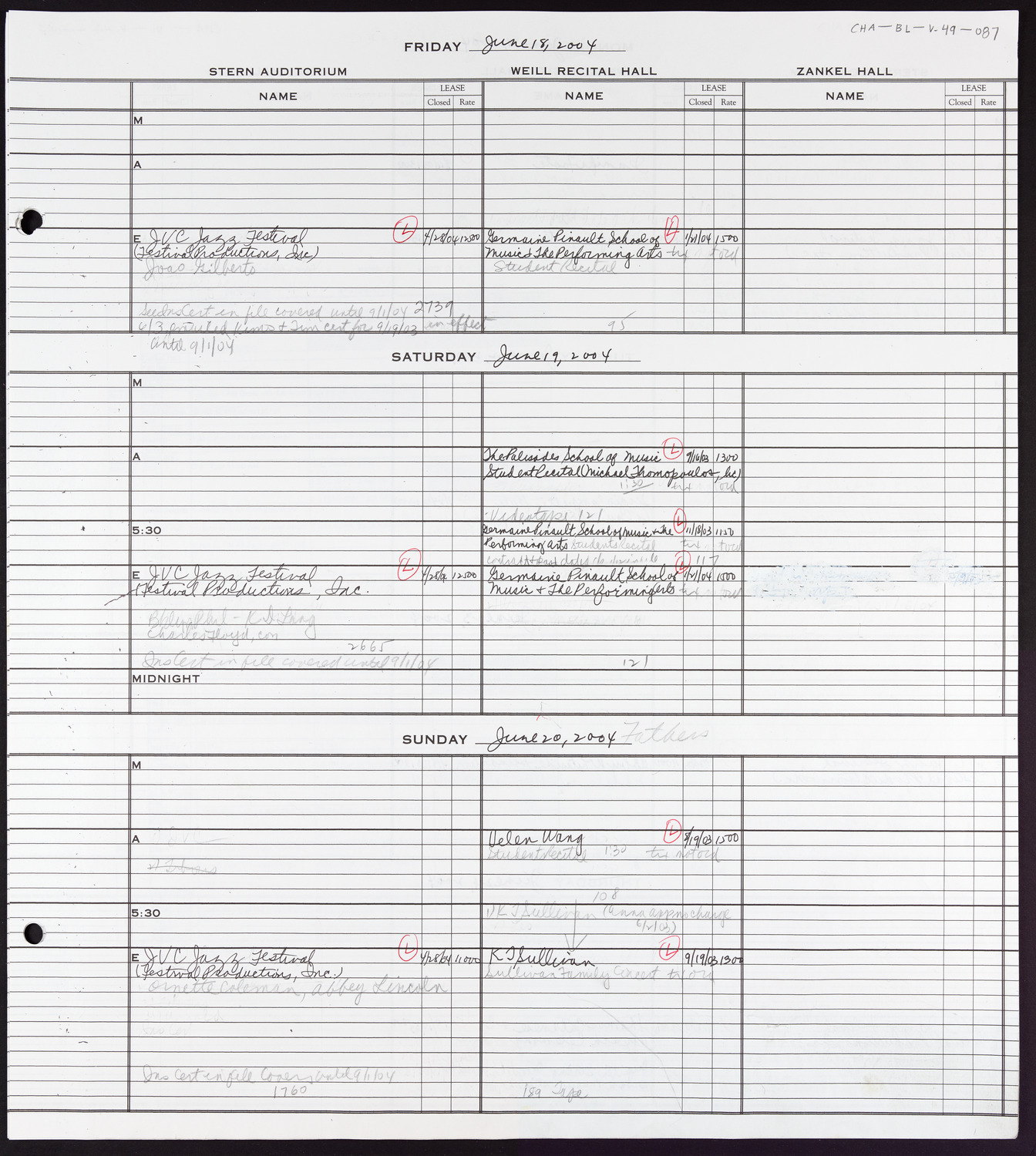 Carnegie Hall Booking Ledger, volume 49, page 87