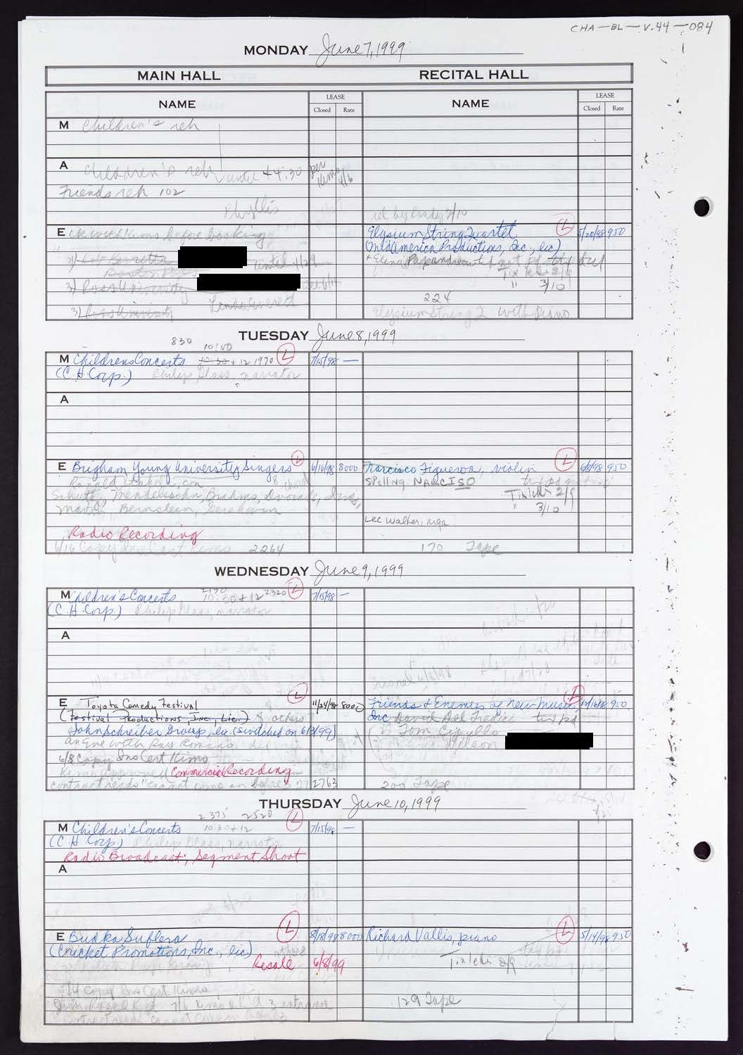 Carnegie Hall Booking Ledger, volume 44, page 84