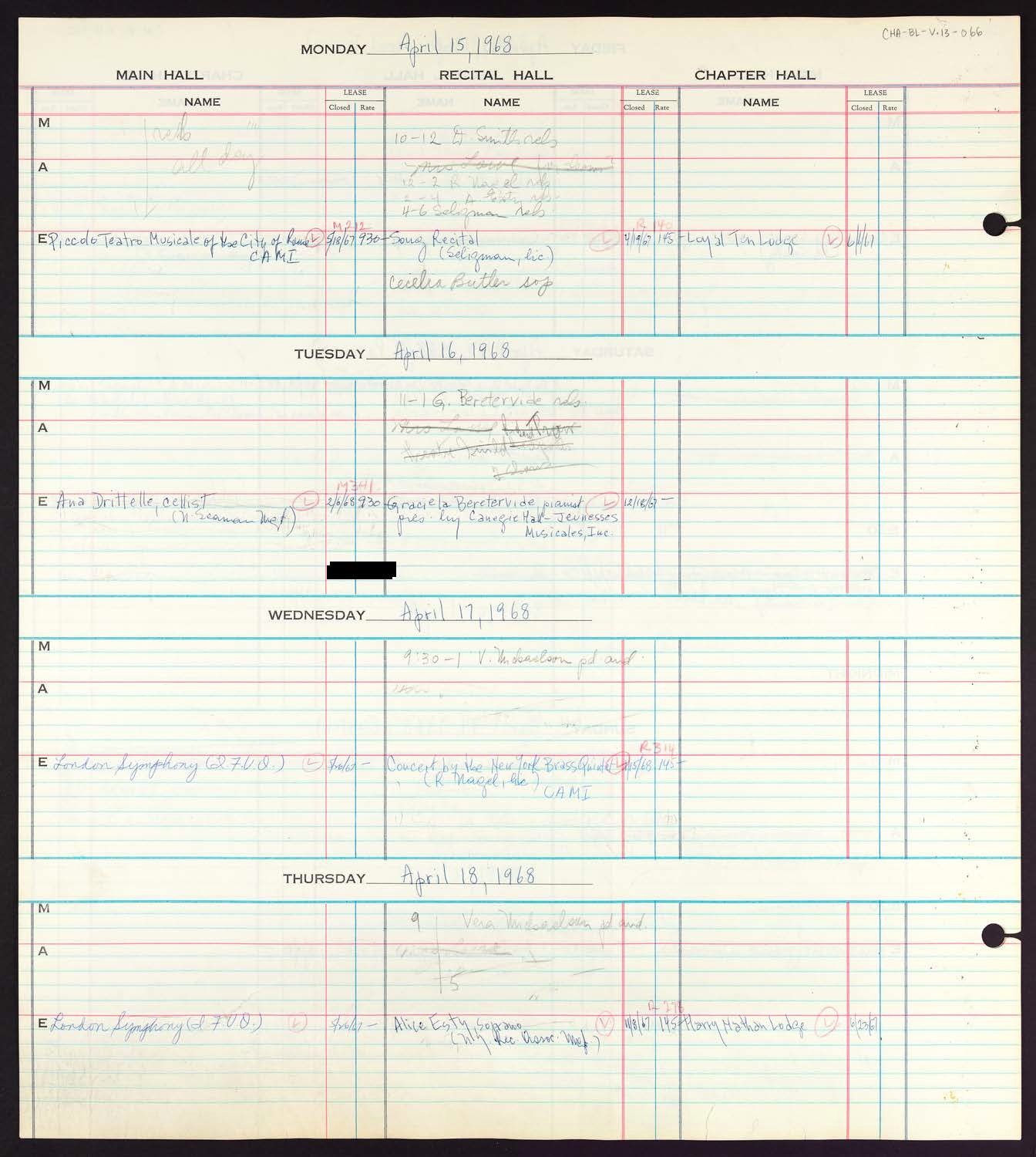 Carnegie Hall Booking Ledger, volume 13, page 66